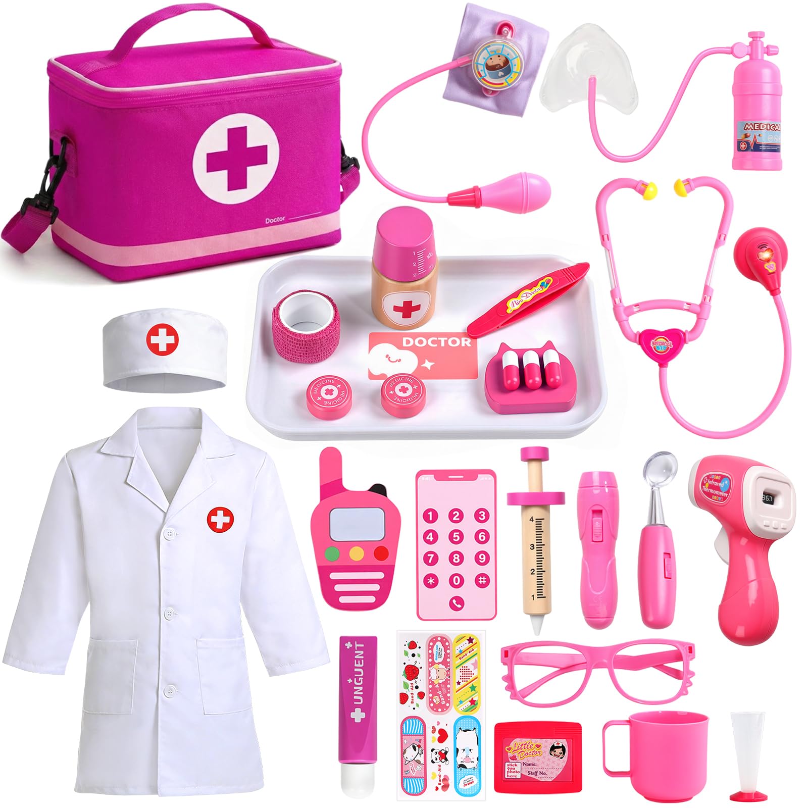 Doctor Kit for Toddlers 3-5 Pink Pretend Play Medical Set for Girls Kids Doctors Play Set with Real Sound Toy Stethoscope & Doctor Coat Role Play Toys Gift for 3 4 5 6 Year Old