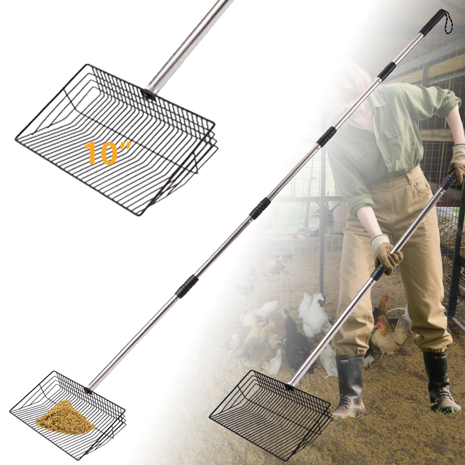 Metal Chicken Poop Scooper, Large Chicken Coop Scoop with 24" to 68" Adjustable Stainless Steel Handle, Litter Sifting Shovel Chicken Coop Ccooper for Sand, Pet, Chicken, Cat (10 inch)