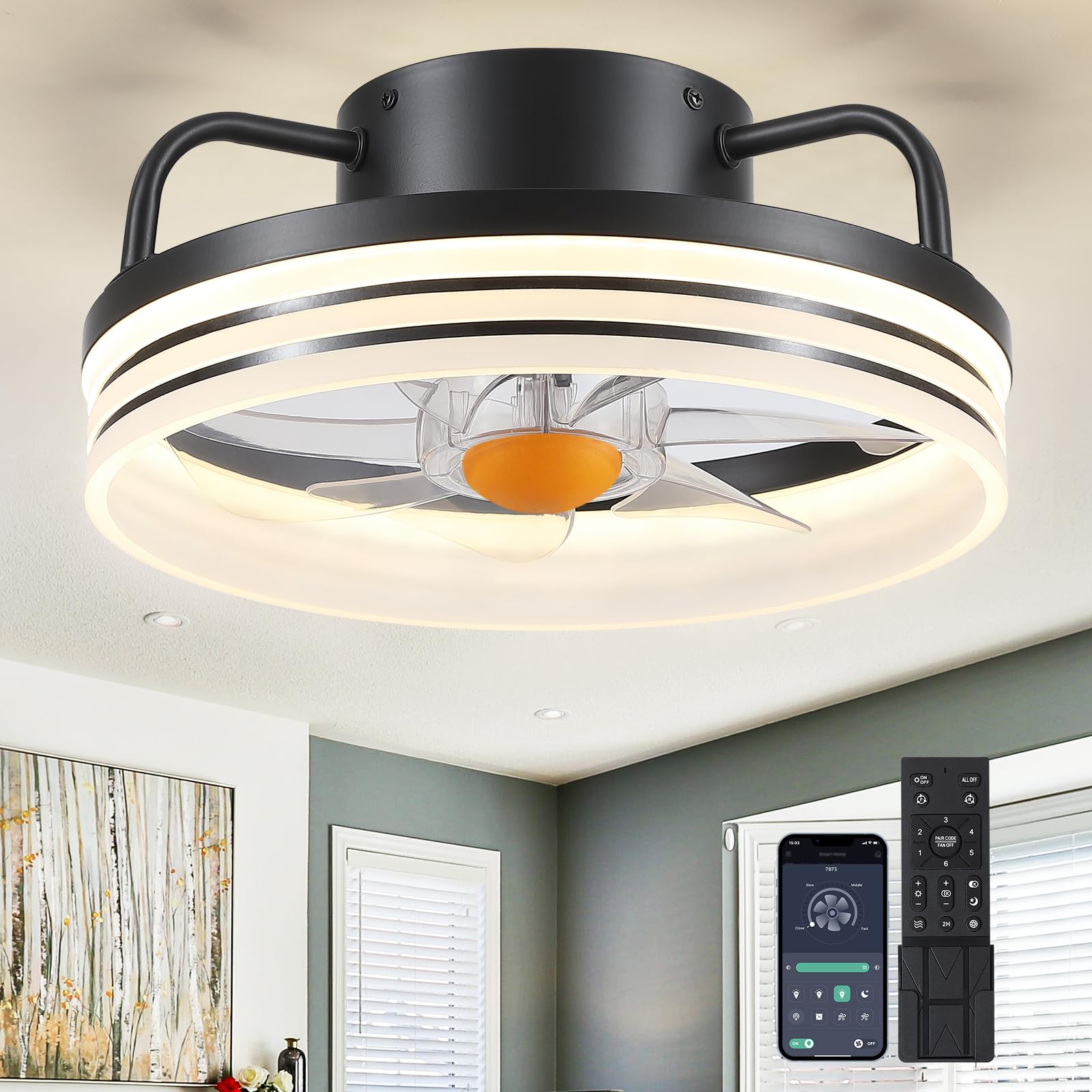 Mpayel Ceiling Fans with Lights and Remote - Flush Mount Low Profile Ceiling Fans - 13” Bladeless Enclosed Ceiling Fans with Led Light and Stepless Dimming, Small Modern Ceiling Fan for Bedroom