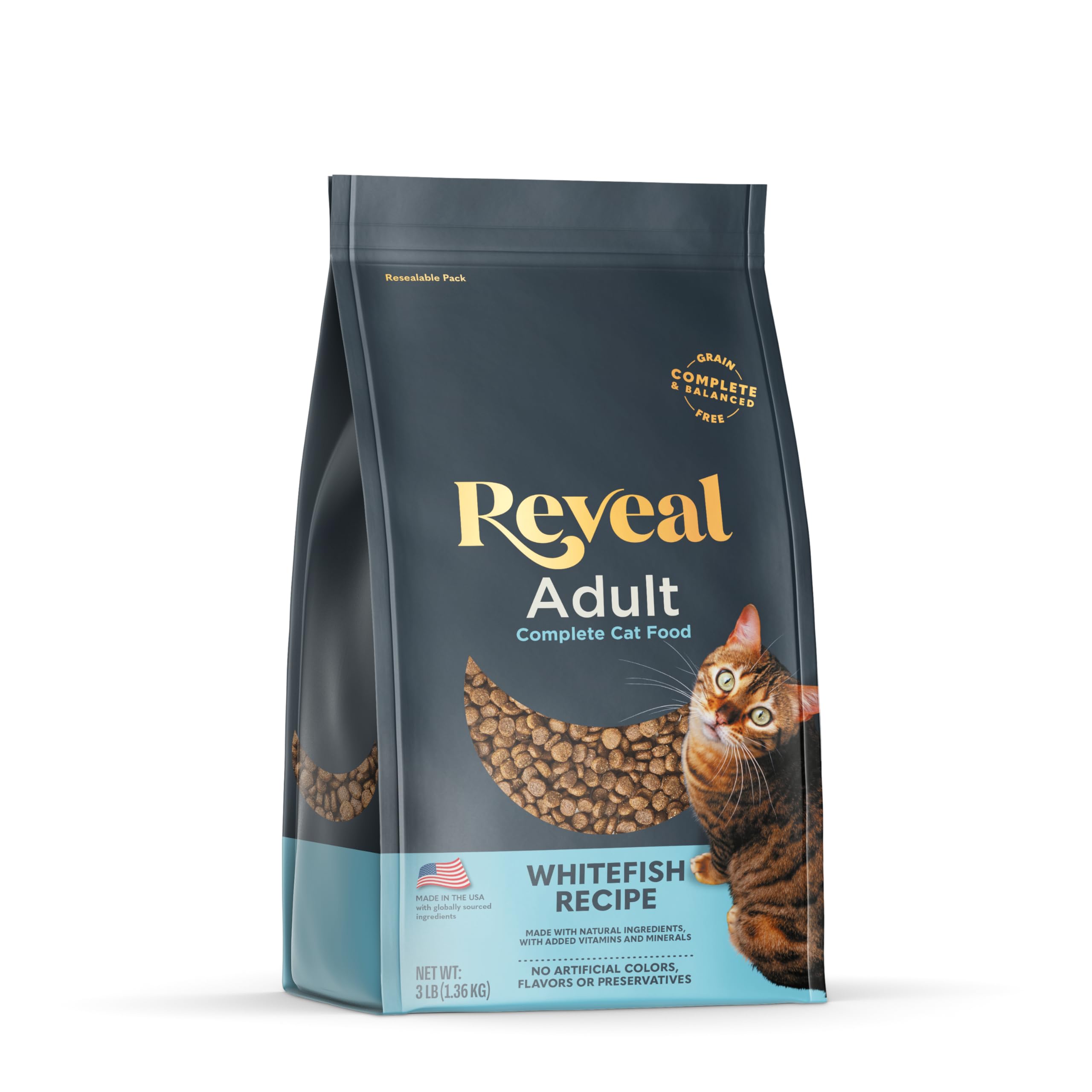 Reveal Natural Adult Dry Cat Food, High Protein, Grain Free with Added Vitamins & Minerals, Complete & Balanced Nutrition for Cats, Whitefish Recipe (3 Pound Bag)