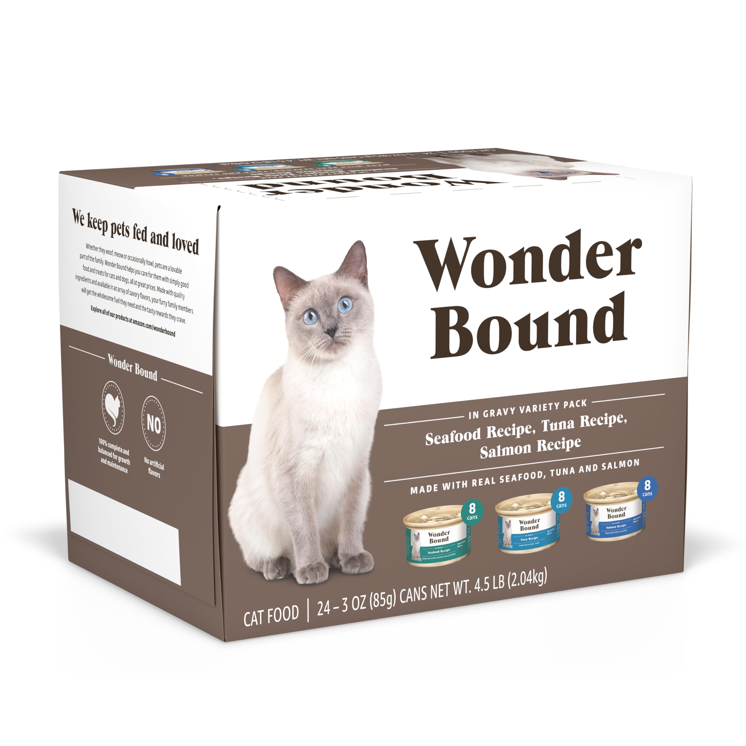 Amazon Brand - Wonder Bound Canned Wet Cat Food Variety Pack (Seafood, Tuna and Salmon Recipes in Gravy), Adult Recipe, 3 Ounce (Pack of 24)