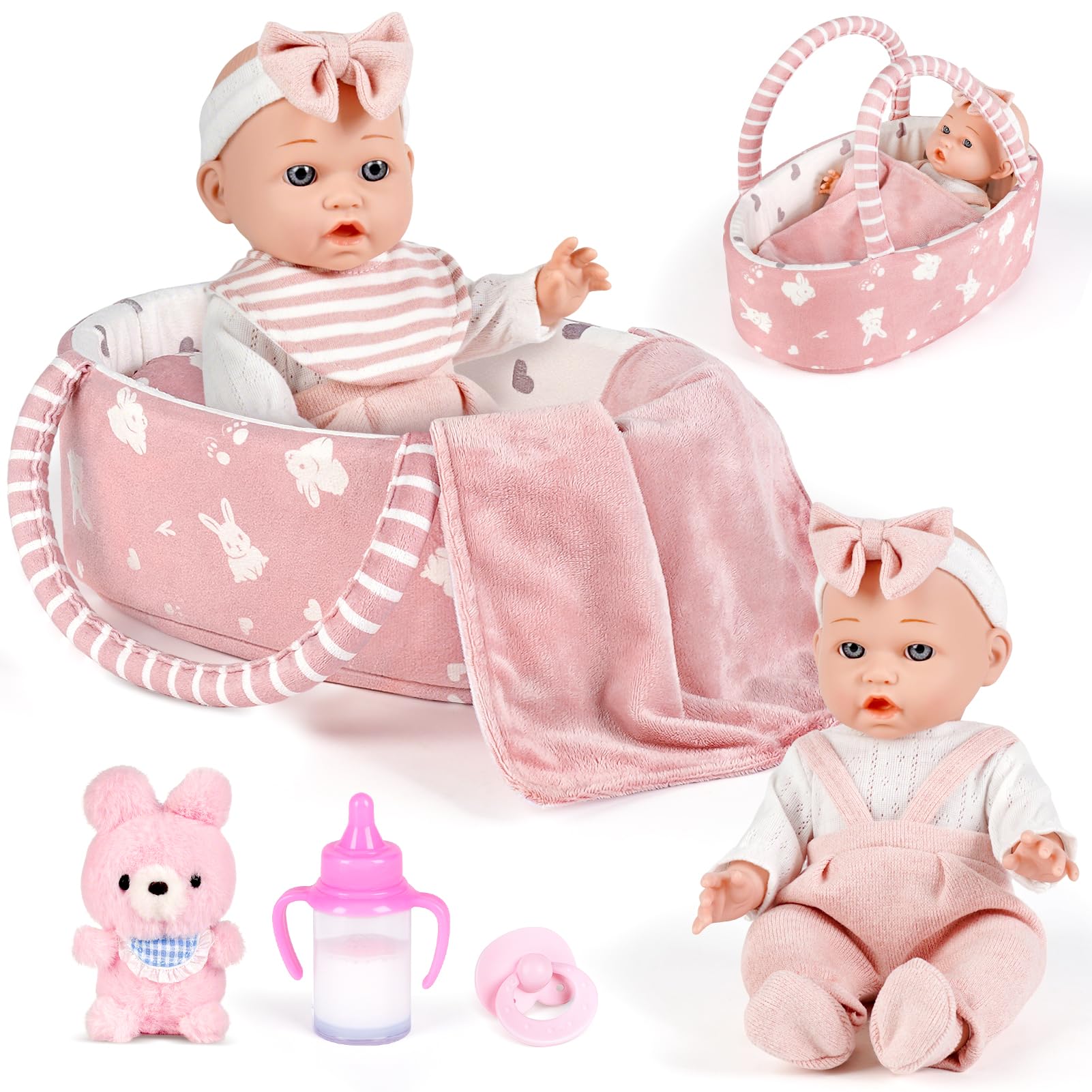Dreamon 12'' Baby Doll Playset with Carrier Bassinet Bed, 11PCS Baby Doll Accessories Includes Pacifier, Blanket, Pillow, Diaper, Pretend Play Set Baby Doll Care Toys Gifts for Kids Girls