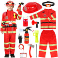 HUUIDY Firefighter Costume for Kids, Fireman Costume with Firefighter Tools, Fire Extinguisher, Helmet Light, Right Angle Flashlight, Kids Dress Up Clothes, Pretend Play Toys Gifts for Boys Age 4+