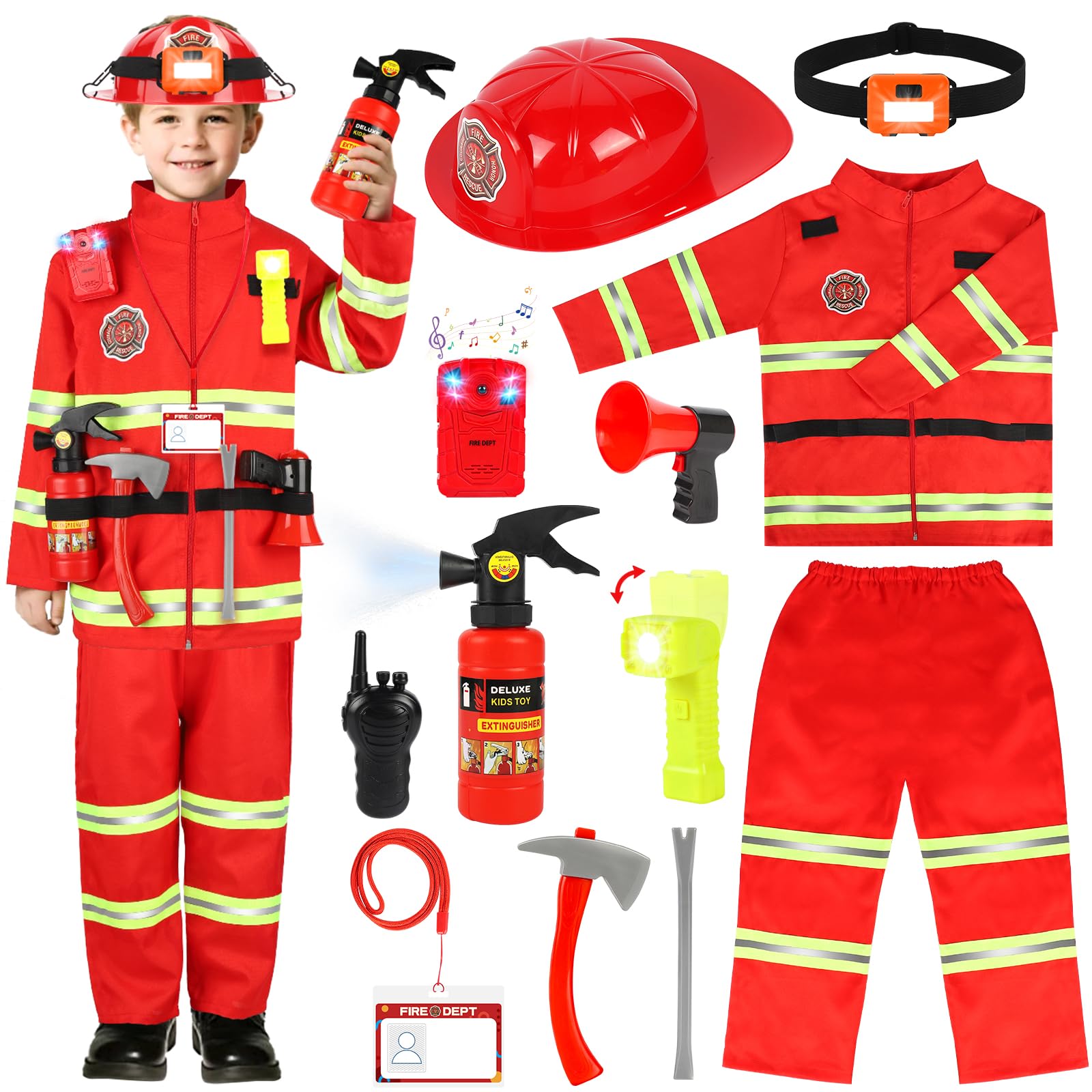 HUUIDY Firefighter Costume for Kids, Fireman Costume with Firefighter Tools, Fire Extinguisher, Helmet Light, Right Angle Flashlight, Kids Dress Up Clothes, Pretend Play Toys Gifts for Boys Age 4+