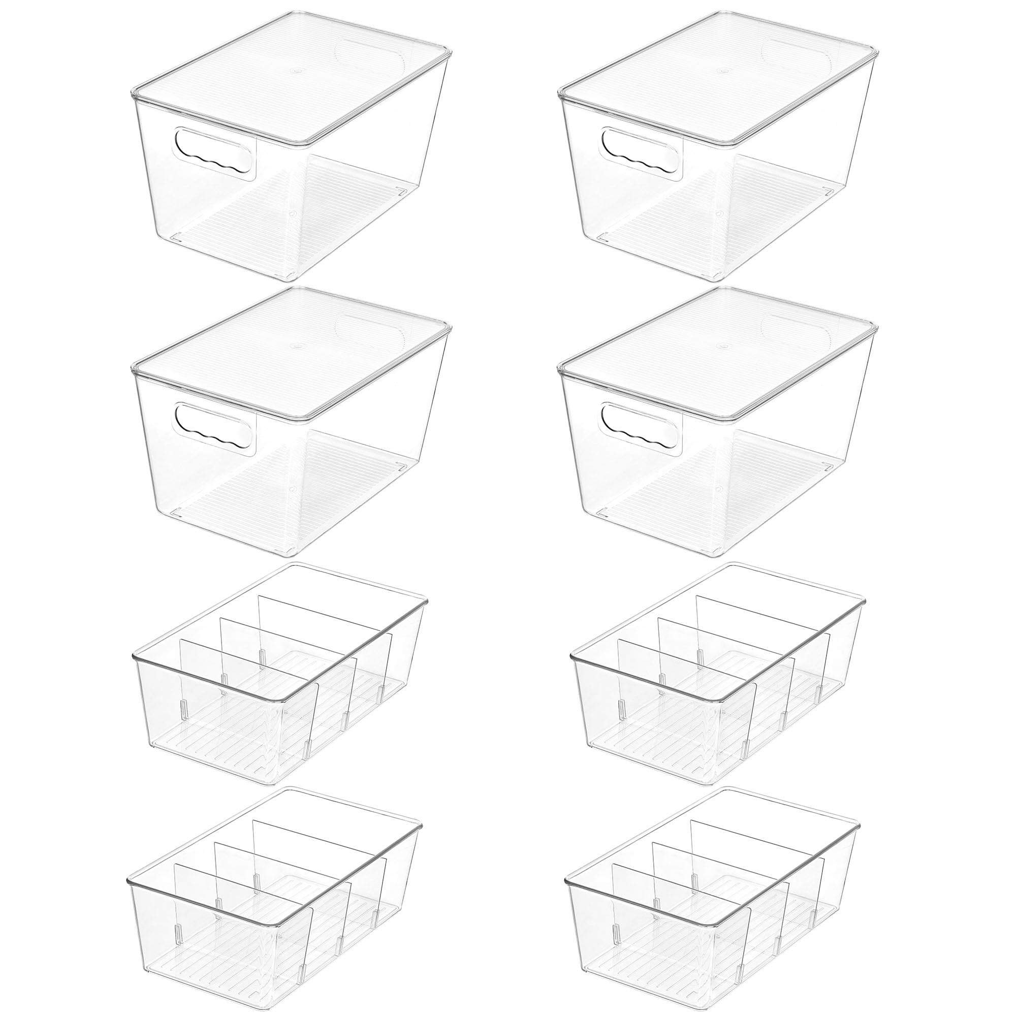 Vtopmart 8 Pack Clear Plastic Storage Bins Set, 4 Large Pantry Organizer Bins with Lids & Handles and 4 Medium Snack Organizer Bins with 4-Compartment for Pantry, Kitchen, Fridge, Cabinet Organization