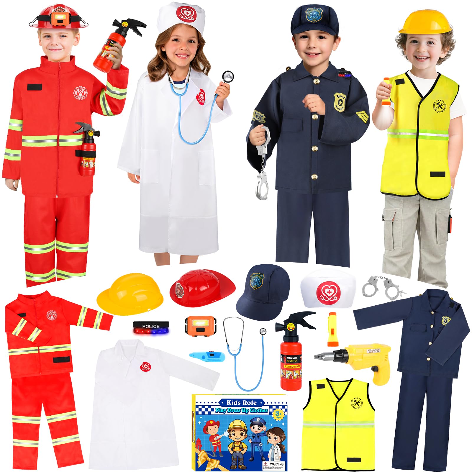 IVENRXIU Toddler Dress Up Clothes, Kids Role Play Costumes 4 In 1 Set-Police Doctor Fireman Engineer for Kids Boys and Girls 3-8, Career Dress Up Pretend Play Toys, Birthday Halloween Christmas Gifts