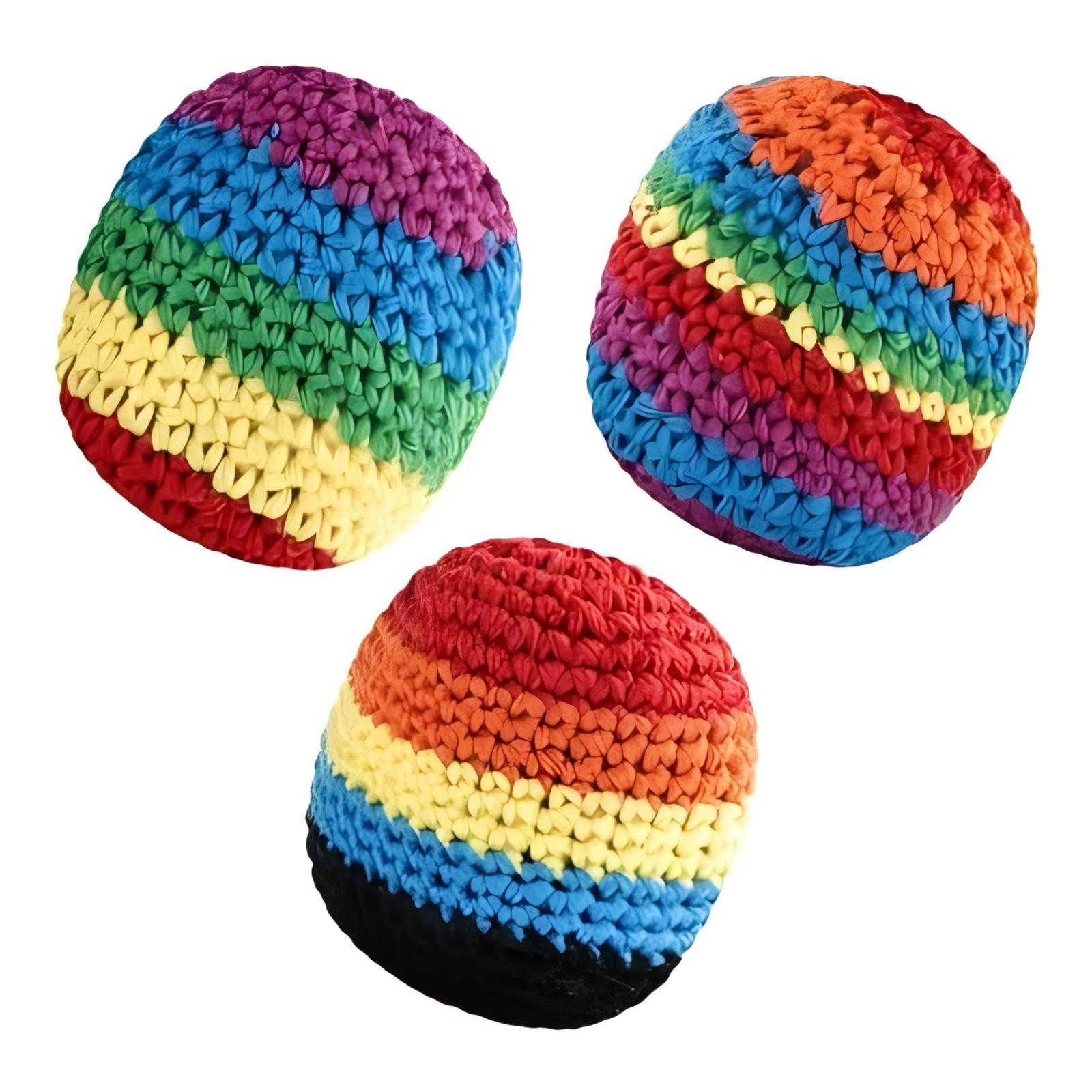 3Pcs Hacky Handmade Knitted Footbag, Assorted Footbag Crochet Hacky Balls for Adults, Soft Pellet-Filled Sack for Hacky Skill Training, Multicolored Pattern,Random Color and Style Sent
