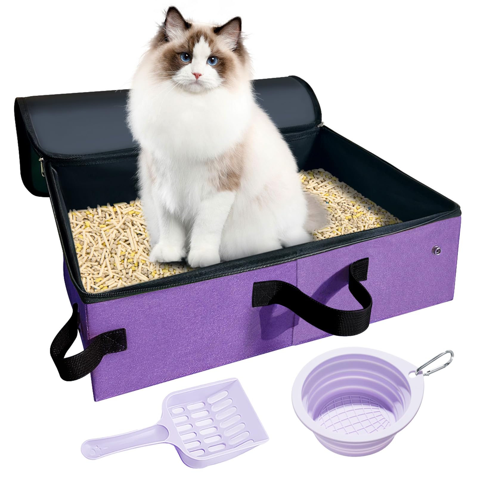 Large Portable Cat Travel Litter Box with Lid,Silicone Folding Bowl & Little Scooper, Leak-Proof and Foldable Travel Cat Litter Box for Hotels, Car and Camping, Odor-Free & Waterproof, 20x14x6.5''