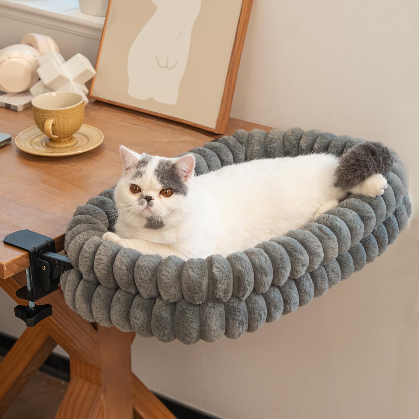 CHEERPALS Cat Desk Bed with Reversible Cushion, 90°Foldable Cat Hammock for Desk Mounted Removable & Washable, Suitable for Medium-to-Large Cats and Puppy, Cloud Series(Grey, Large)