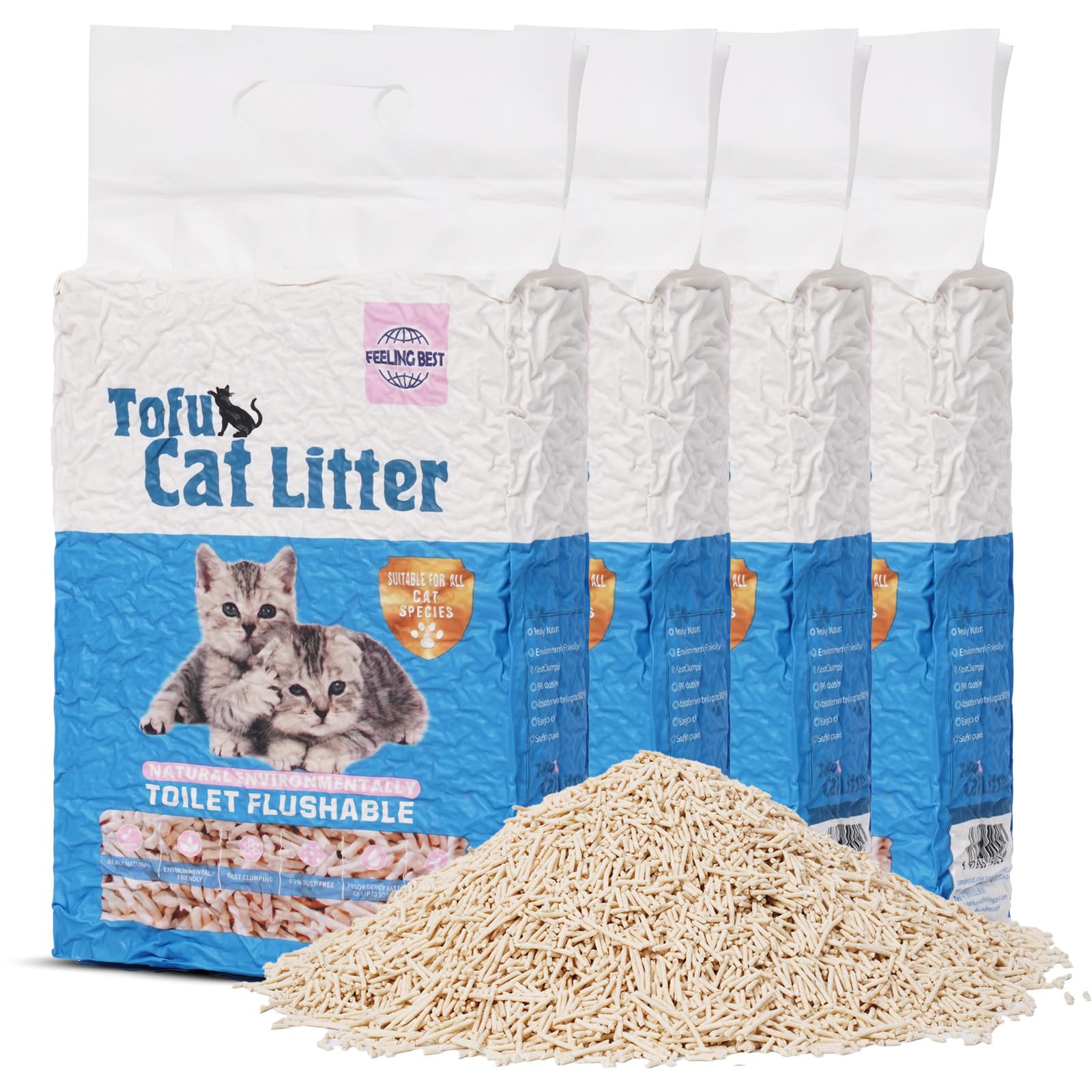 Tofu Cat Litter 22.4LB(5.6LB*4 Bags) Fast Clumping, Dust-Free,100% Natural Raw Materials, Clumping,Flushable,Ultra Absorbent and Fast Drying,Solubility in Water,Really,Less Scattering