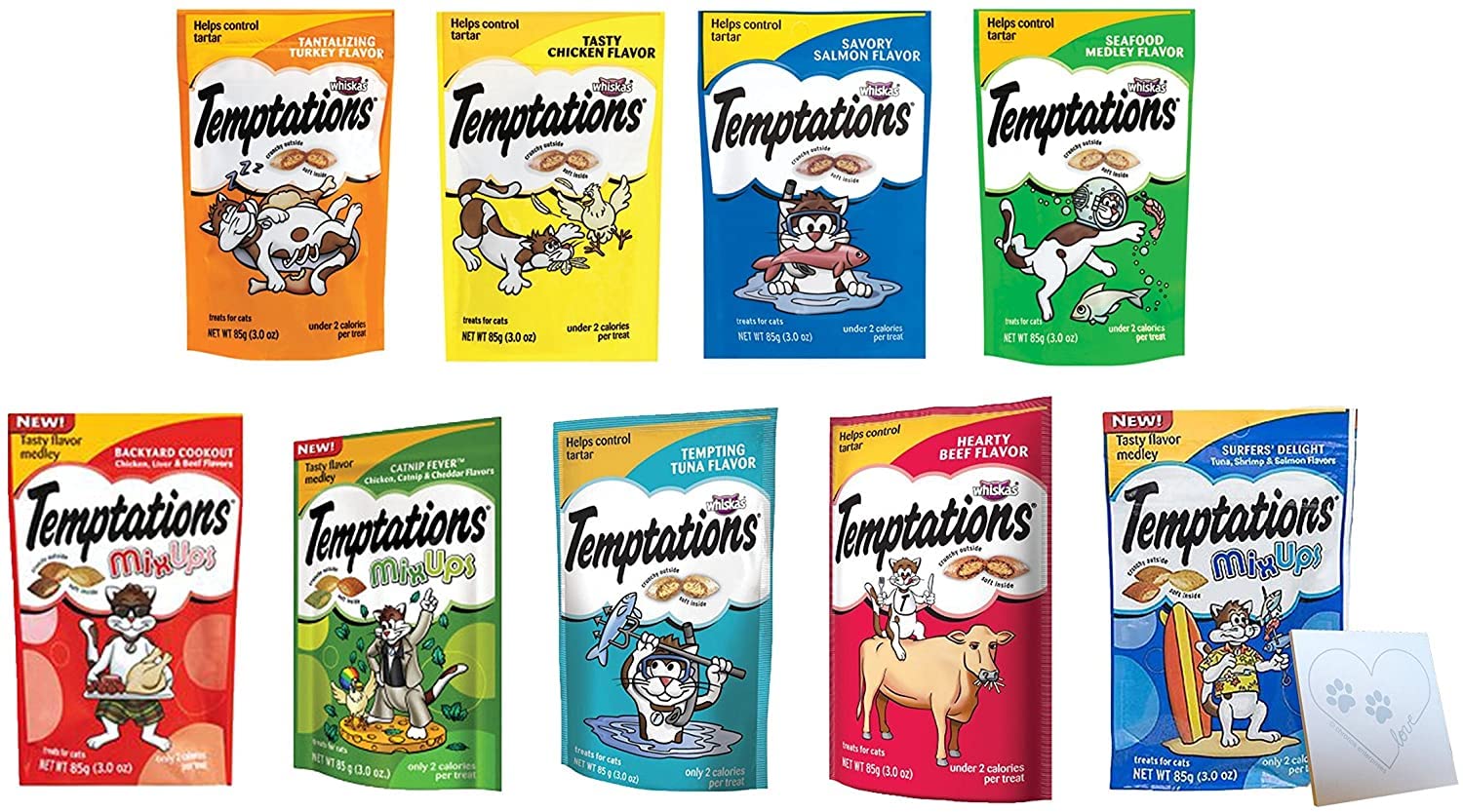 Temptations Cat Treats Temptations Huge Variety Pack, All 9 Flavors: Chicken, Medley, Turkey, Tuna, Catnip Fever, Beef, Surfer, Cookout 1 Pet Paws Notepad (9 Bags Total, 3 Ounces Each), 10 Piece Set