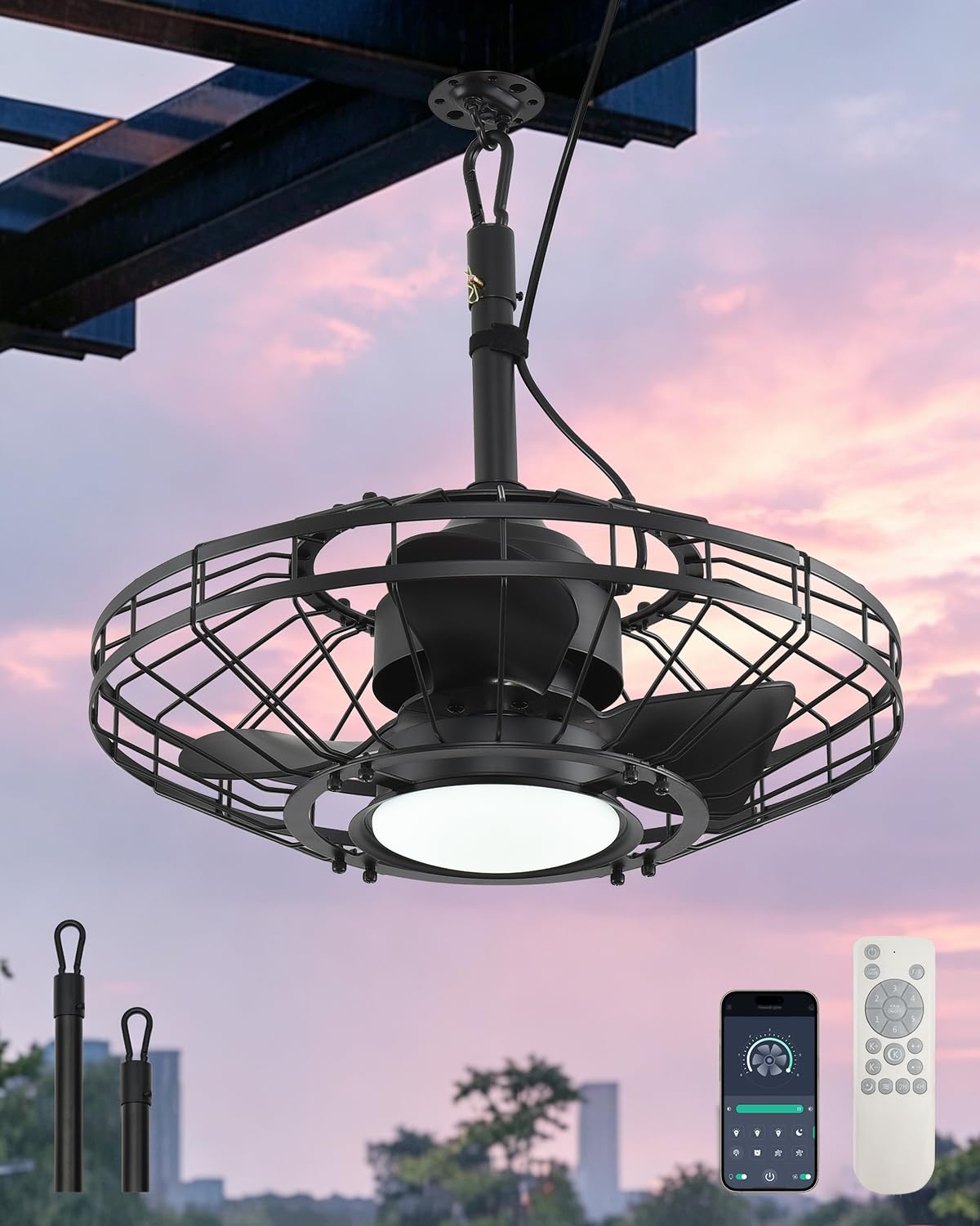 AHAWILL 20" Outdoor Ceiling Fan with Light,Waterproof Gazebo Fan with Hanging Hook,6-Speed Reversible Motor,Memory 3CCT,Plug-in Caged Ceiling Fan with Smart App Control for Patio Porch (Black)