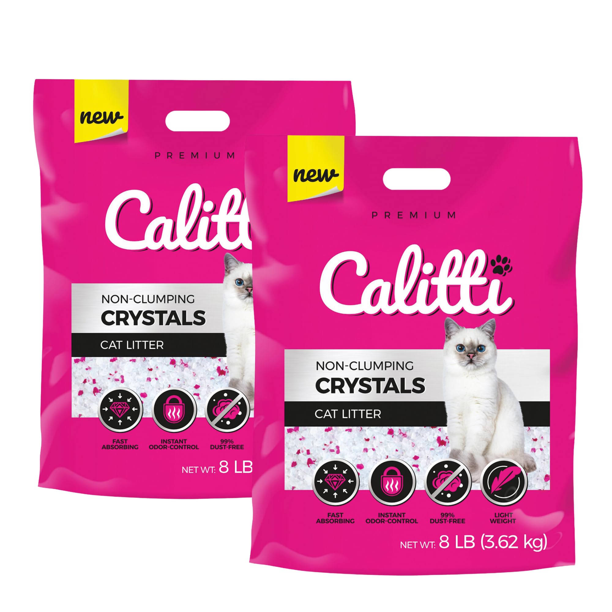 Calitti Premium Crystal Cat Litter – Ultra Absorbent & Maximum Odor Control – 99.9% Dust-Free, Low Tracking, Non-Clumping Silica Gel – Unscented – 16 lb (2 x 8 lb Packs)