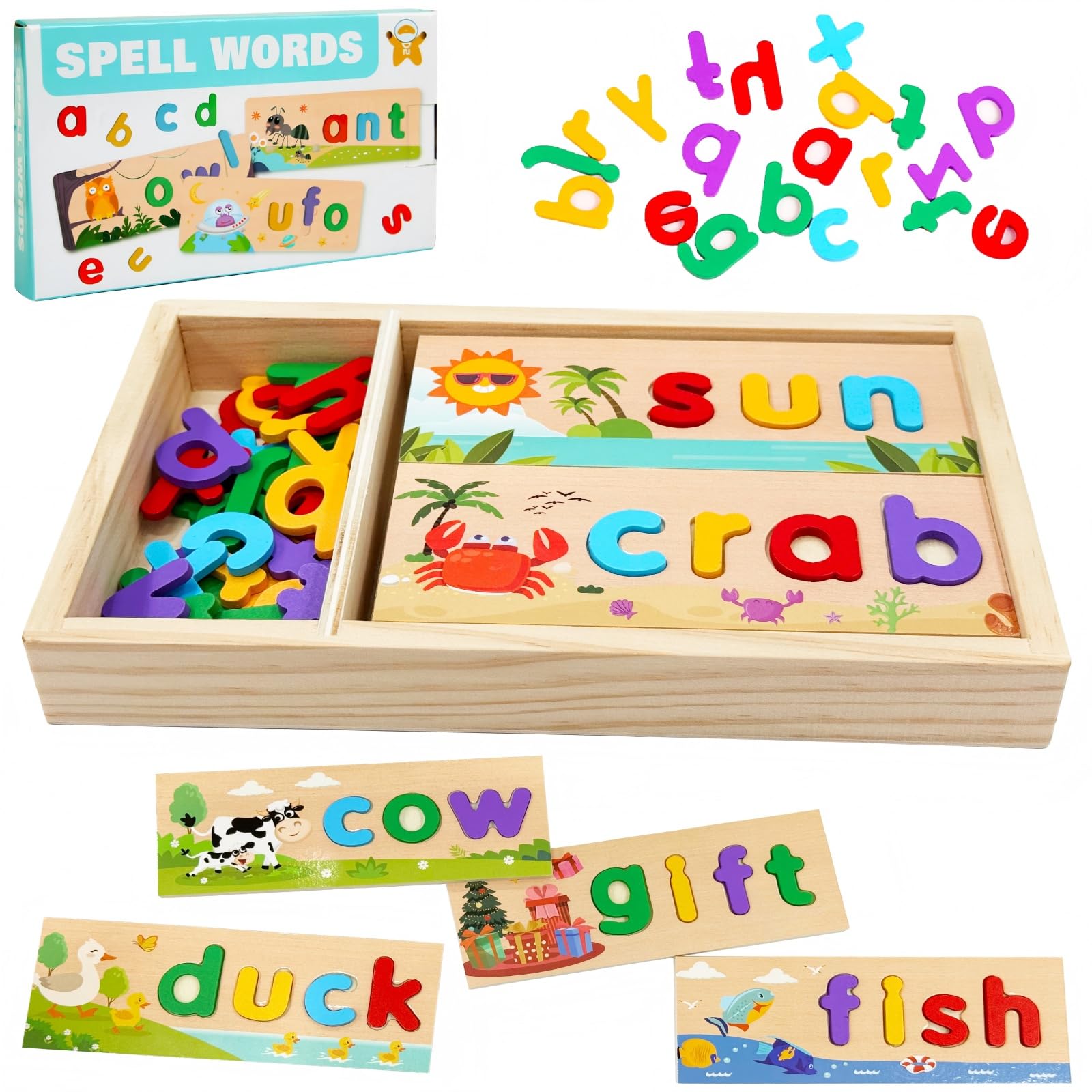 Wooden See and Spell Learning Toy with Storage Box for Preschool Learning Activities, 8 Double-Sided Spelling Boards and 52 Letters Montessori Spelling Games Educational Toys for Toddler Kids 3-6