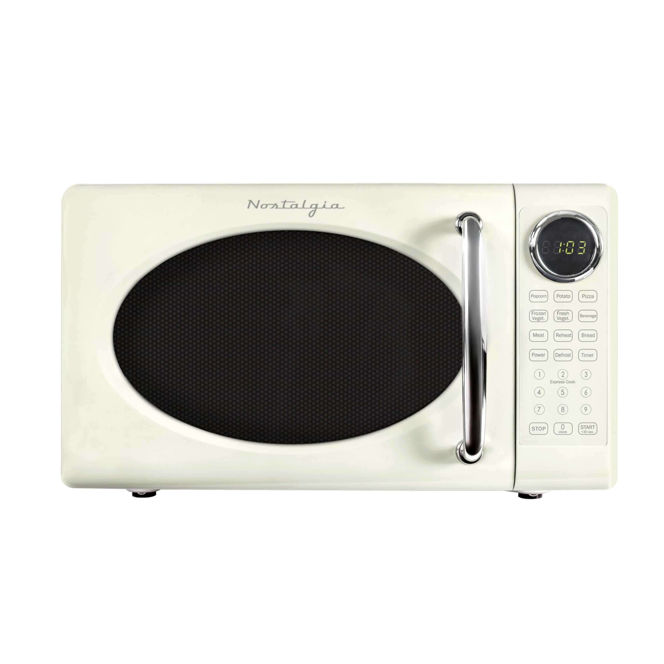 Nostalgia Retro 700W Microwave Oven 0.7 Cu Ft Capacity – Child Safety Lock, 8 Auto-Cook Settings – Countertop Kitchen Appliance – Ivory