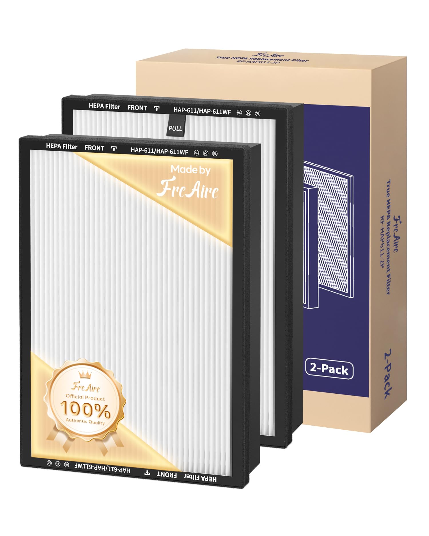 Original FreAire Replacement Filter for HAP611WF Air Purifier – Efficiently 3-in-1 H13 True High-Efficiency Activated Carbon Filter, 2 Pcak
