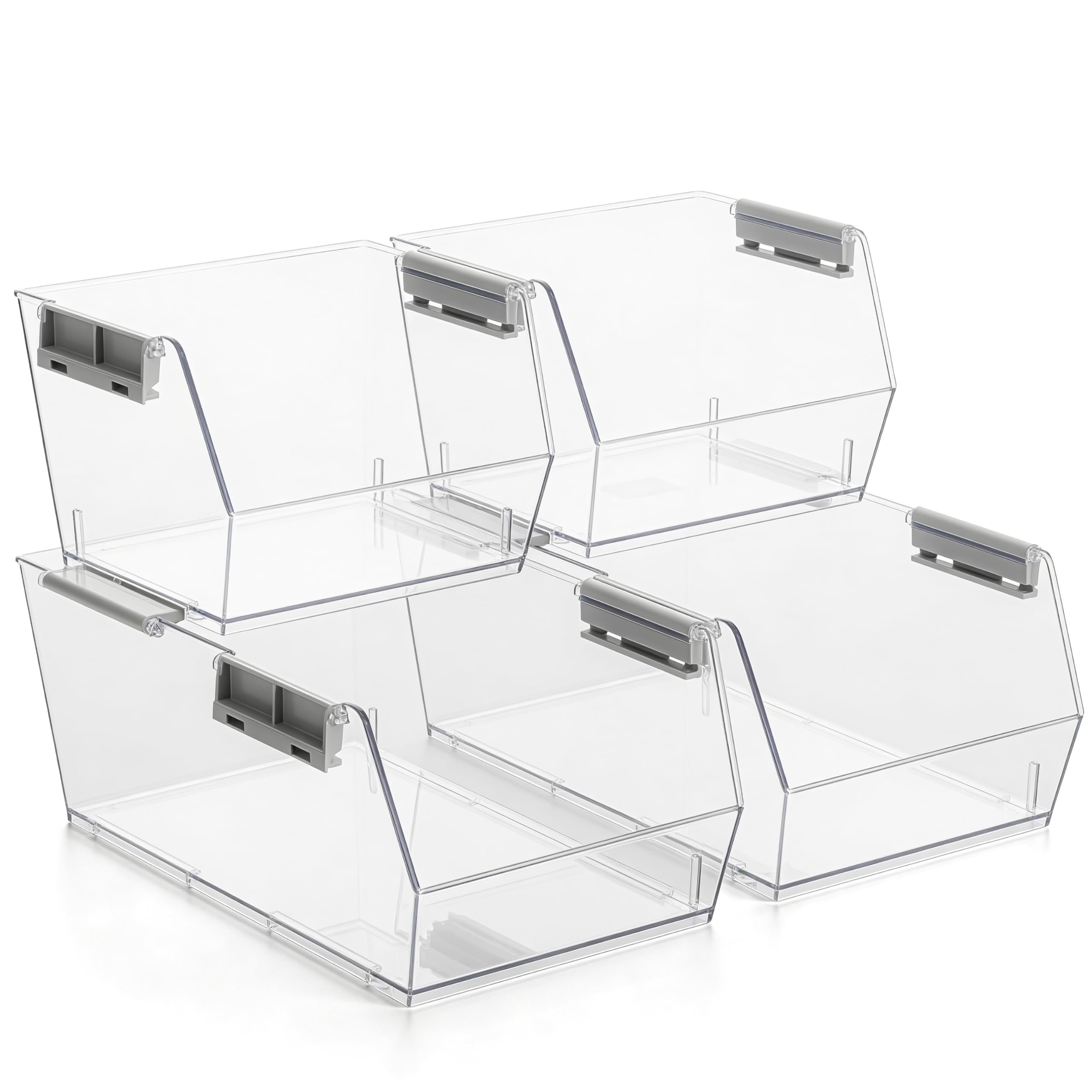 HOMESTEAD Set of 4 Stackable Storage Bins, 2 Large + 2 Small Clear Plastic Organizer Bins, Open Front Design for Kitchen Pantry, Fridge, Cabinet, Bathroom Organization and Snack Storage