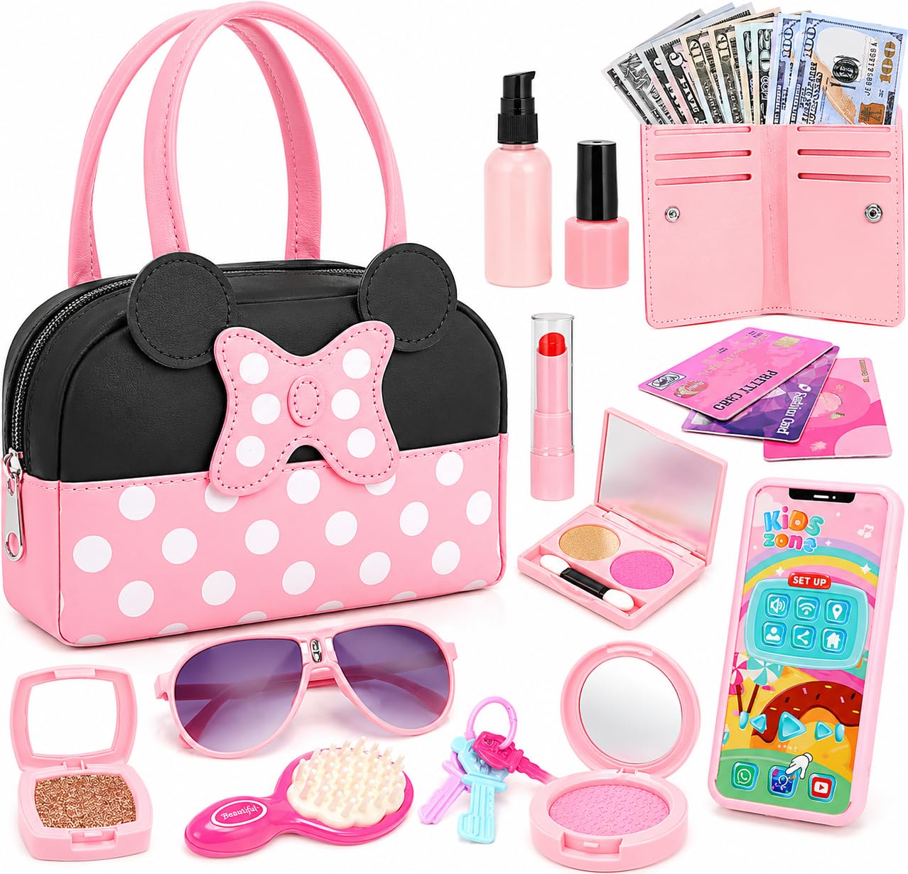 Pretend Play Purse for Little Girls, Toddler Purse with Pretend Makeup Toys for Toddlers, Princess Pretend Play Purse Toys with Accessories, Kids Purse Toy Birthday Gift for Girls Age 3 4 5 6+