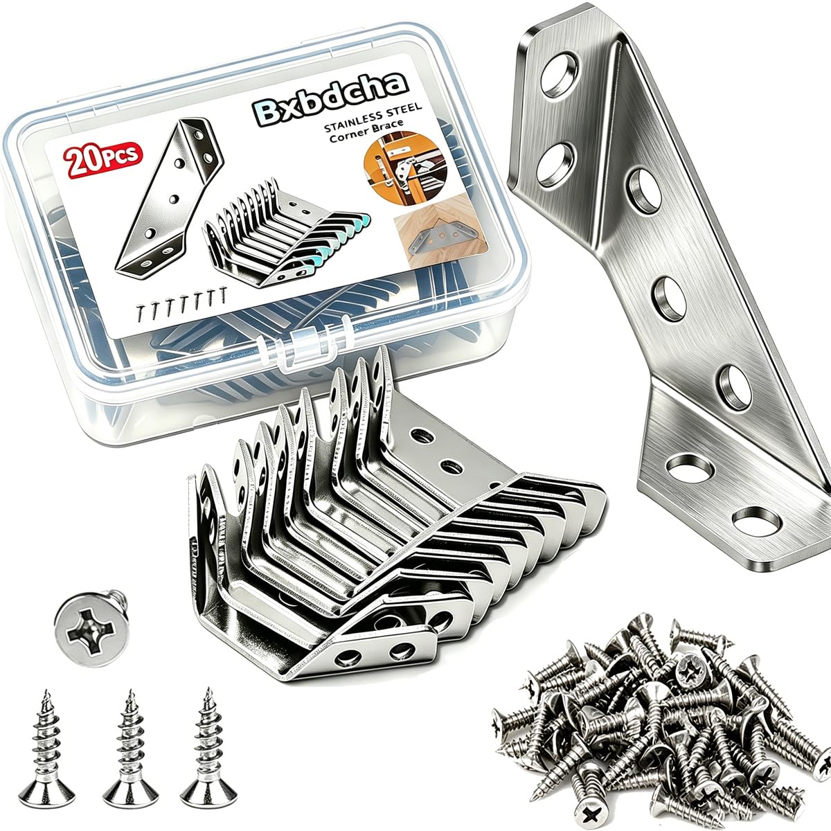 Furniture Corner Connector - 20PCS Universal Stainless Steel L Brackets for Wood,Hardware Metal Angle Bracket Corner Braces,L Bracket for Shelves,Table,Cabinet,Drawer,Corner Brackets for Wood