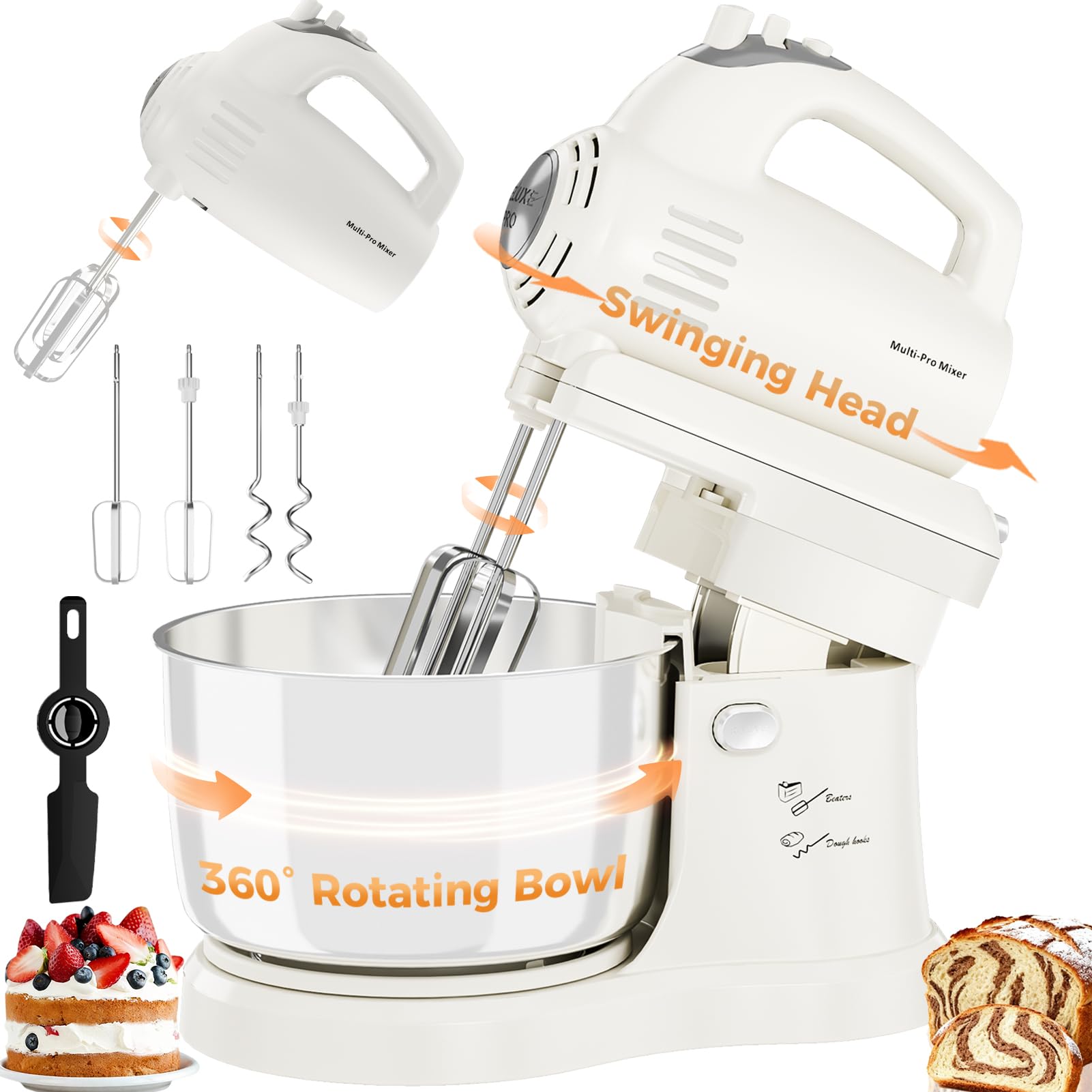 3.2QT 2-in-1 Stand Mixer, Electric Kitchen Mixer with Auto-Rotating Bowl & Tilt-Head, 5-Speed 250W Turbo Baking Machine for Beginners with Beater & Dough Hook for Cookie, Bread, Cake (White)