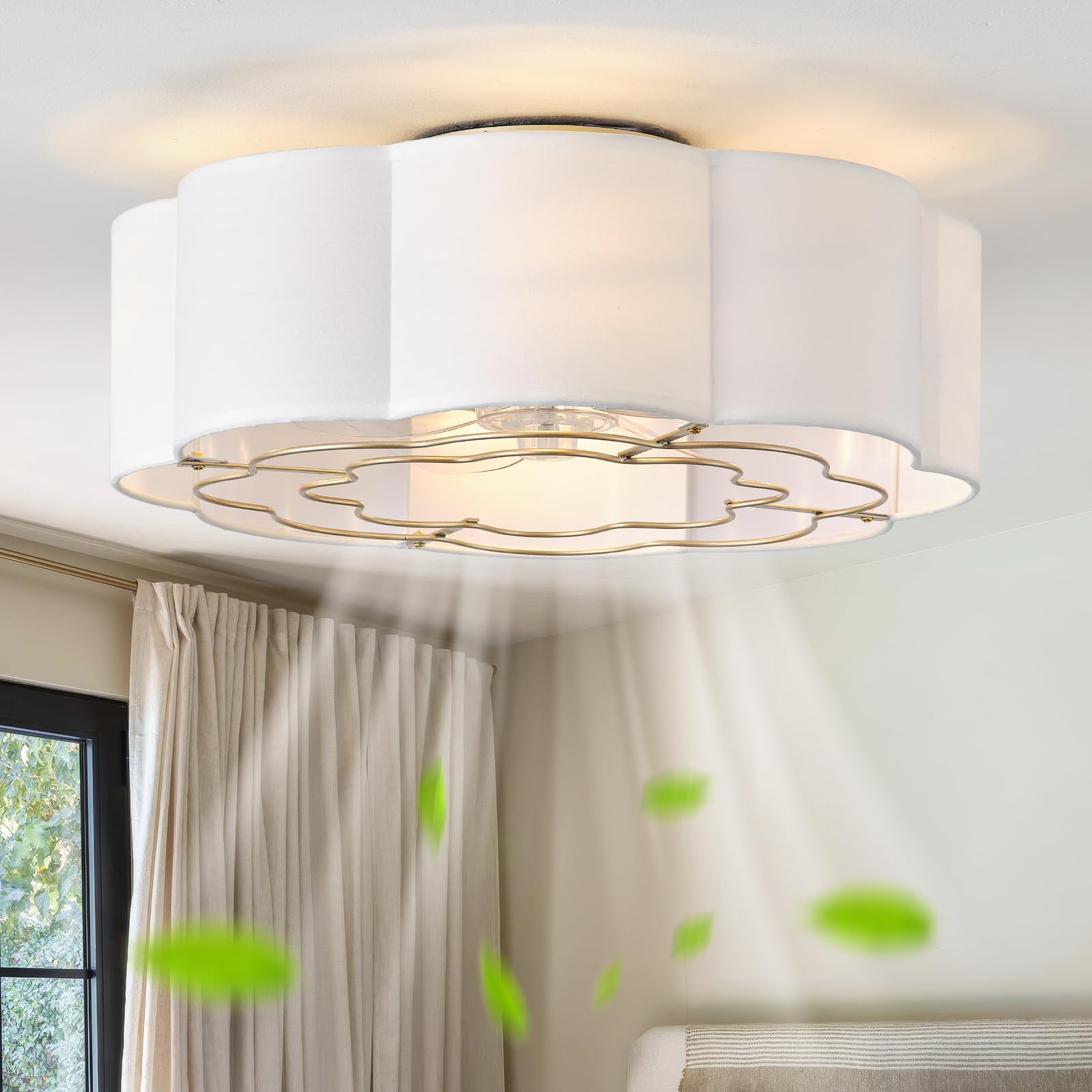20" Low Profile Ceiling Fan with Light, Caged Flush Mount Ceiling Fan with Light Remote Control, Boho Bladeless with 6 Speeds for Bedroom, Nursery, Living Room.