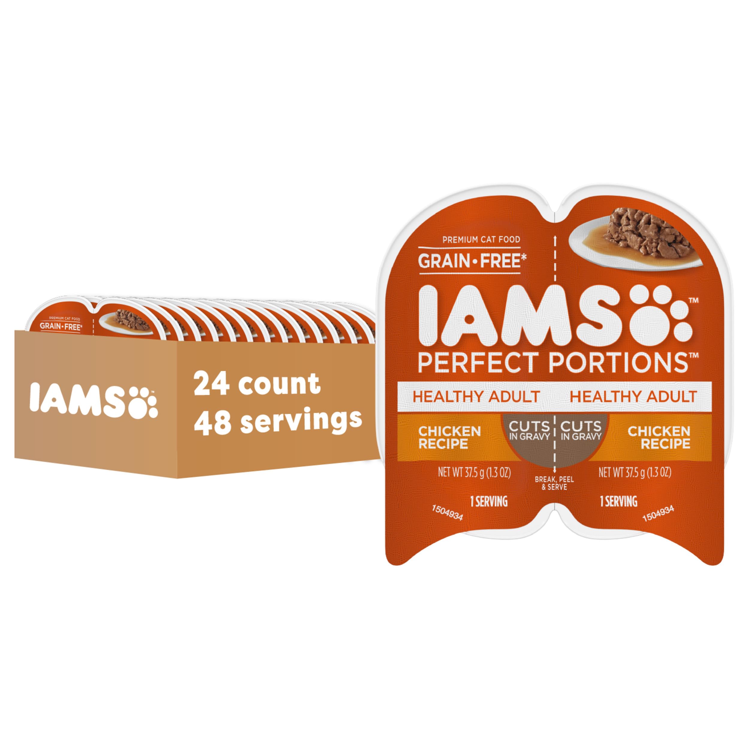 IAMS Perfect Portions Grain Free Wet Cat Food, Healthy Adult Cat Food Wet, Chicken Recipe Cuts in Gravy, (24) 2.6 oz. Twin-Pack Trays