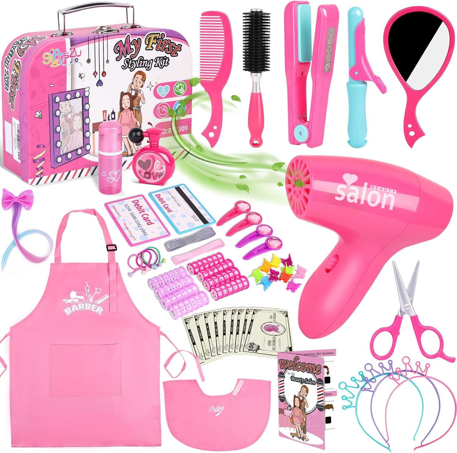 Gifts2U Hair Salon Toys for Girls, Girl Beauty Salon Playset Pretend Hair Styling Set with Blow Dryer, Barber Costume Apron, Scissors Styling Manu, Fake Money and Functional Stylist Accessories.