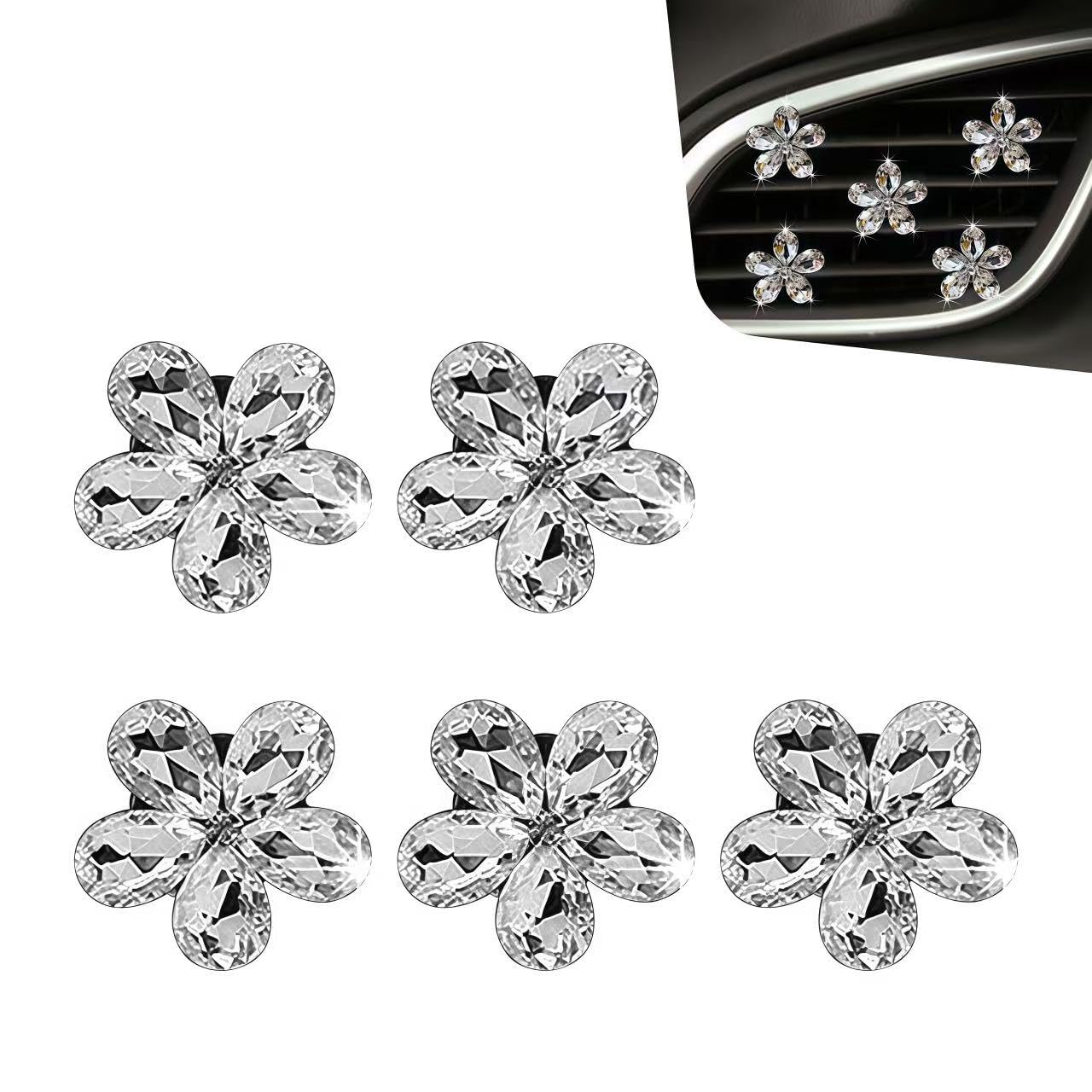 5PCS Bling Flower Air Vent Clips, Cute Daisy Flower Air Vent Clip, Diamond Air Conditioning Outlet Clip, Rhinestone Decor Accessories for Women Girls, Five-Petaled Flower A/C Clamp (White)