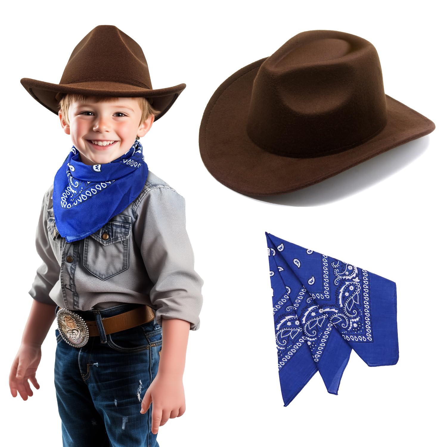 SeptCity Kids Cowboy Hat and Bandana for Age 5-10, Cowgirl Costume Set for Boys and Girls