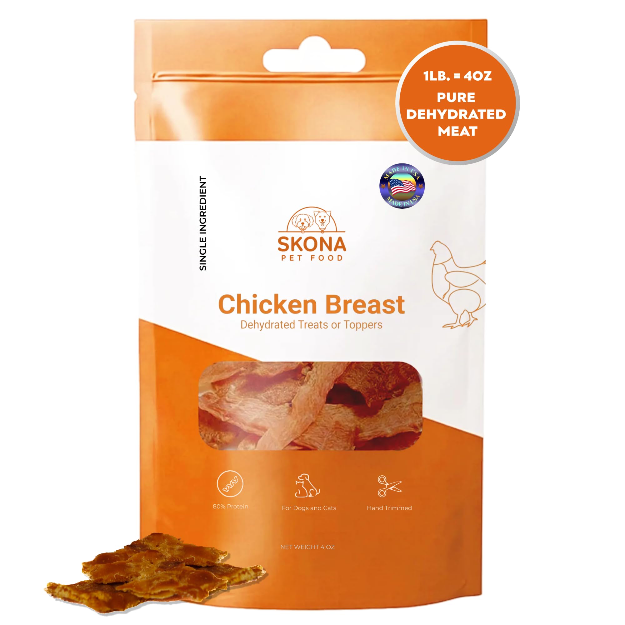 Skona PetFood Premium Chewy Dehydrated Chicken Breast Jerky for Dogs & Cats, 1 lb of Chicken Breast Dehydrated to 4 oz, Single Ingredient High Protein Training Treat, Supports Digestion & Liver Health