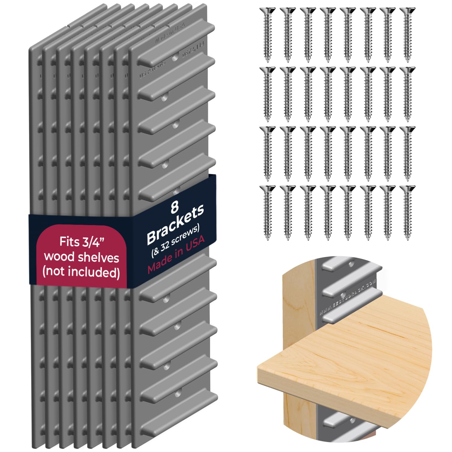 Made in USA EZStudRack Adjustable Shelf Brackets, 8-Pack (4 Pairs) – Easy-to-Adjust One-Row Storage for Custom-Fit Shelves – Your Items, Your Wood, You Supply It