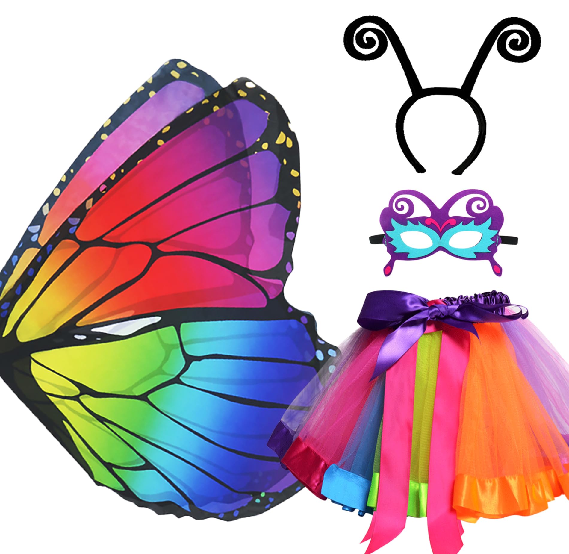 D.Q.Z Fairy Butterfly-Wings Costumes for Girls Dress Up with Rainbow Tutu Mask Headband Bug Play Toys for Kids Party Gifts