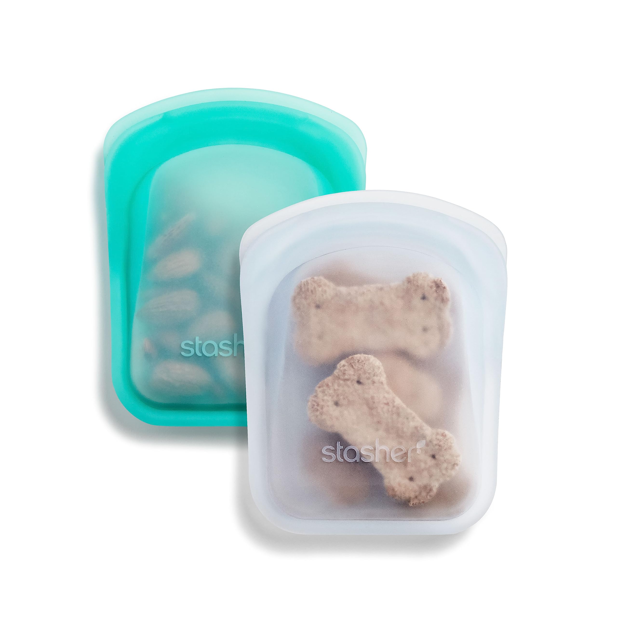 Stasher Silicone Reusable Storage Bag, Pocket Bags 2-Pack, Microwave, Dishwasher, Oven Safe, Sous Vide, Eco Friendly, Leak-free, Food-safe Silicone Snack Bags for Travel, 4 oz, Clear & Aqua