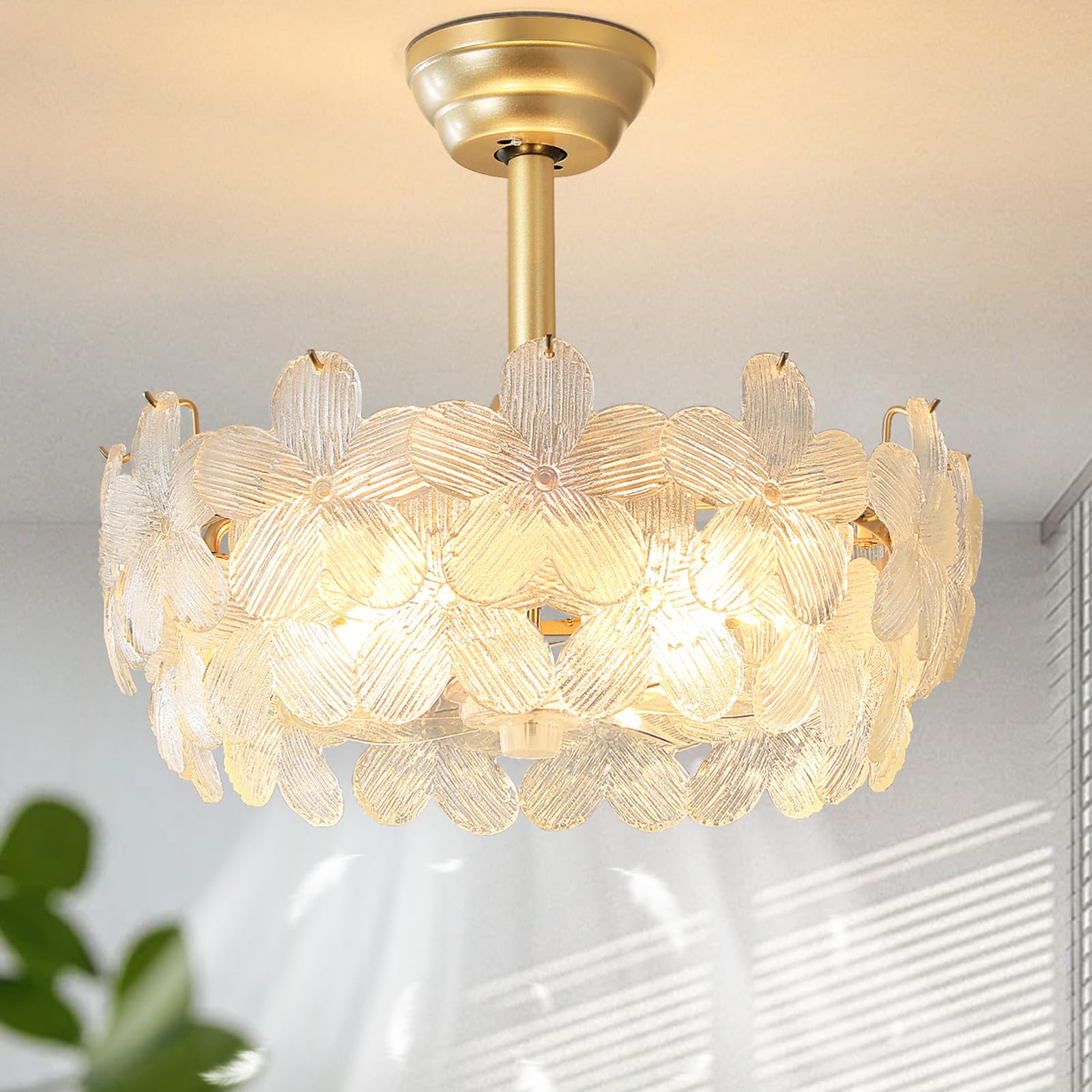 20'' Fandelier Ceiling Fans with Lights, Gold Caged Ceiling Fan with Remote Low Profile, 6 Speed and Petal, Modern Semi Flush Mount Ceiling Fan for Bedroom, Living Room, Nursery
