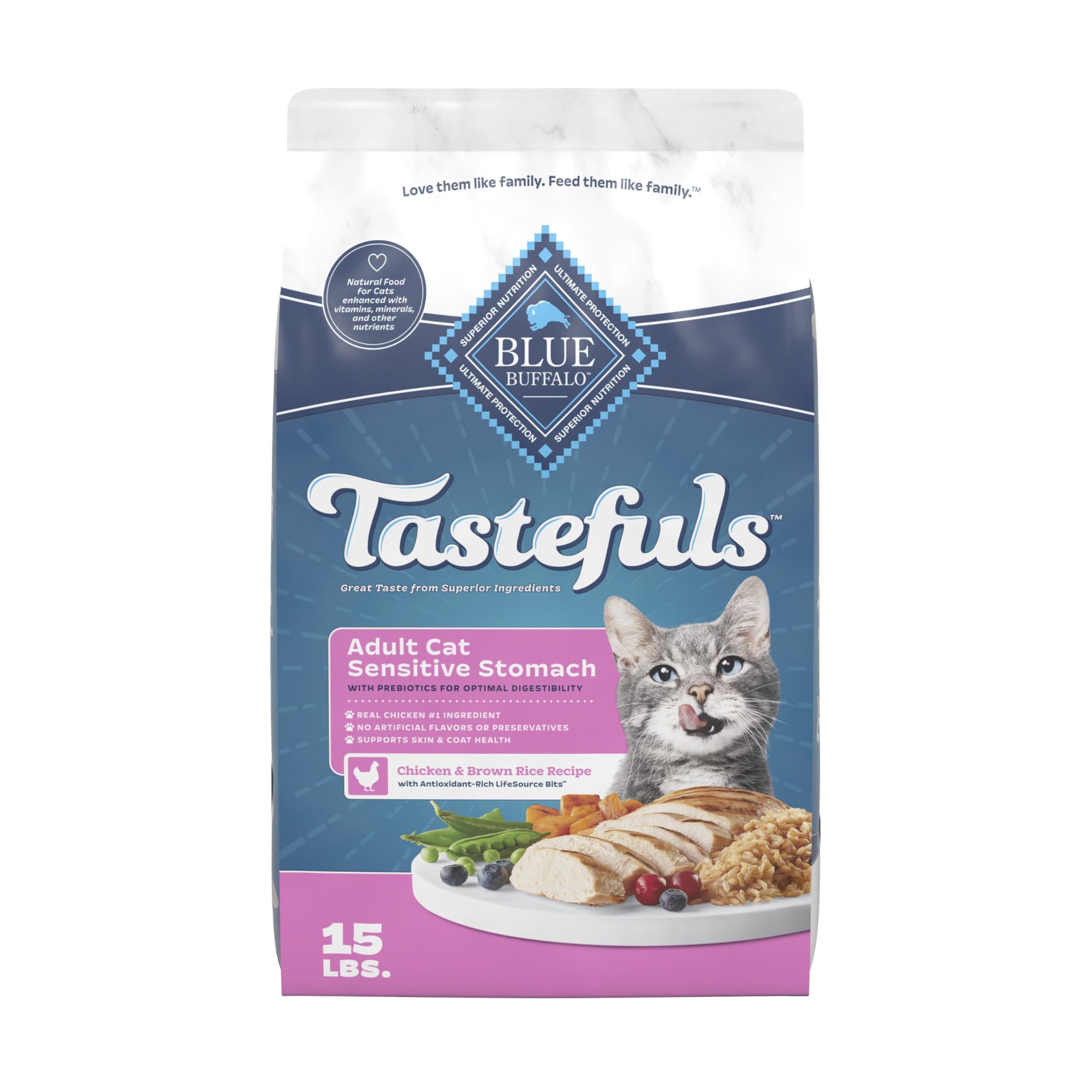 Blue Buffalo Tastefuls Natural Dry Food for Adult Cats, Sensitive Stomach, Chicken & Brown Rice Recipe, 15-lb Bag