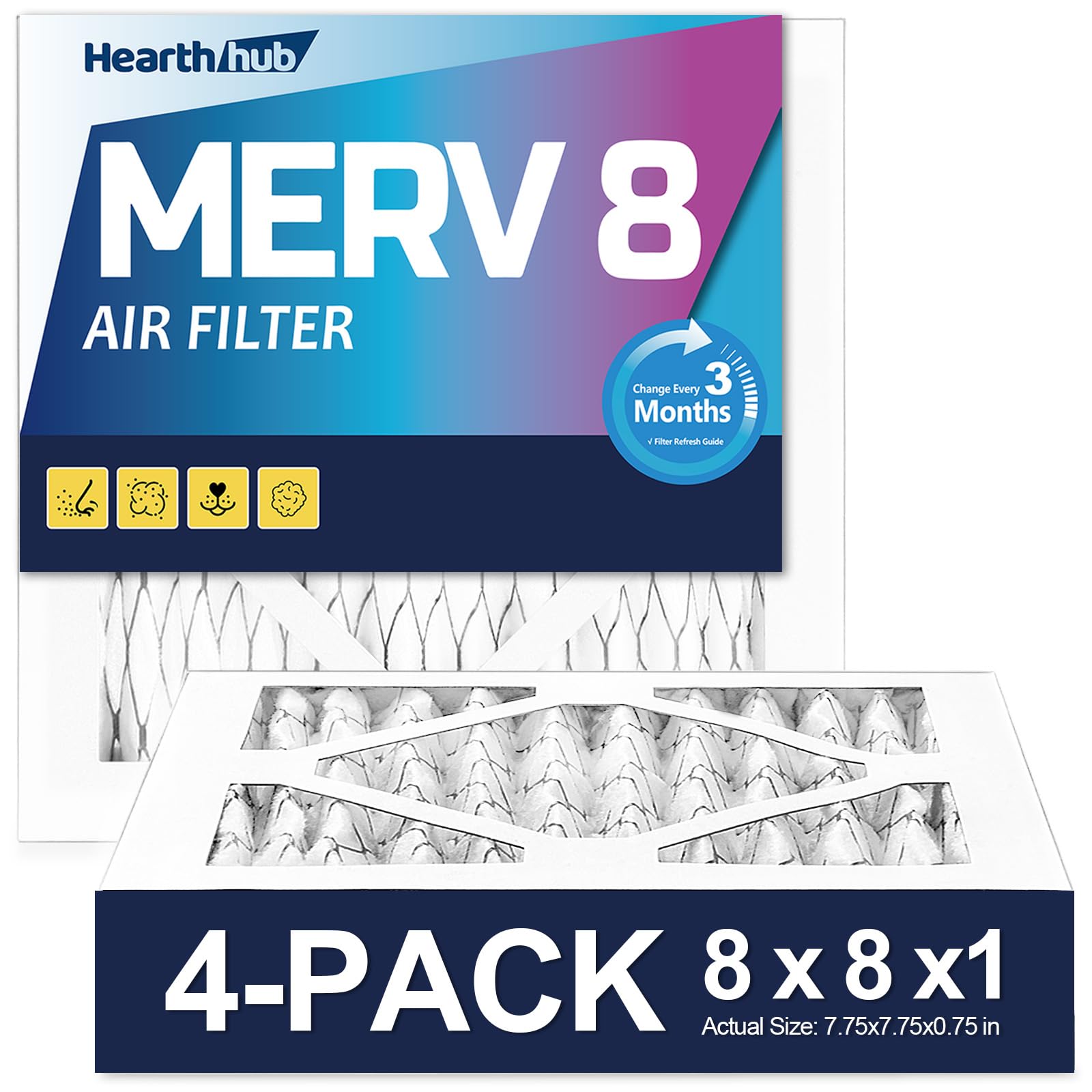 8×8×1 MERV 8 Furnace Air Filters - HVAC/Furnace AC Filter Replacement (Actual Size 7.75x7.75x0.75) - Pleated Dust Defense Air Conditioner Filters for Home Office (4 Pack)