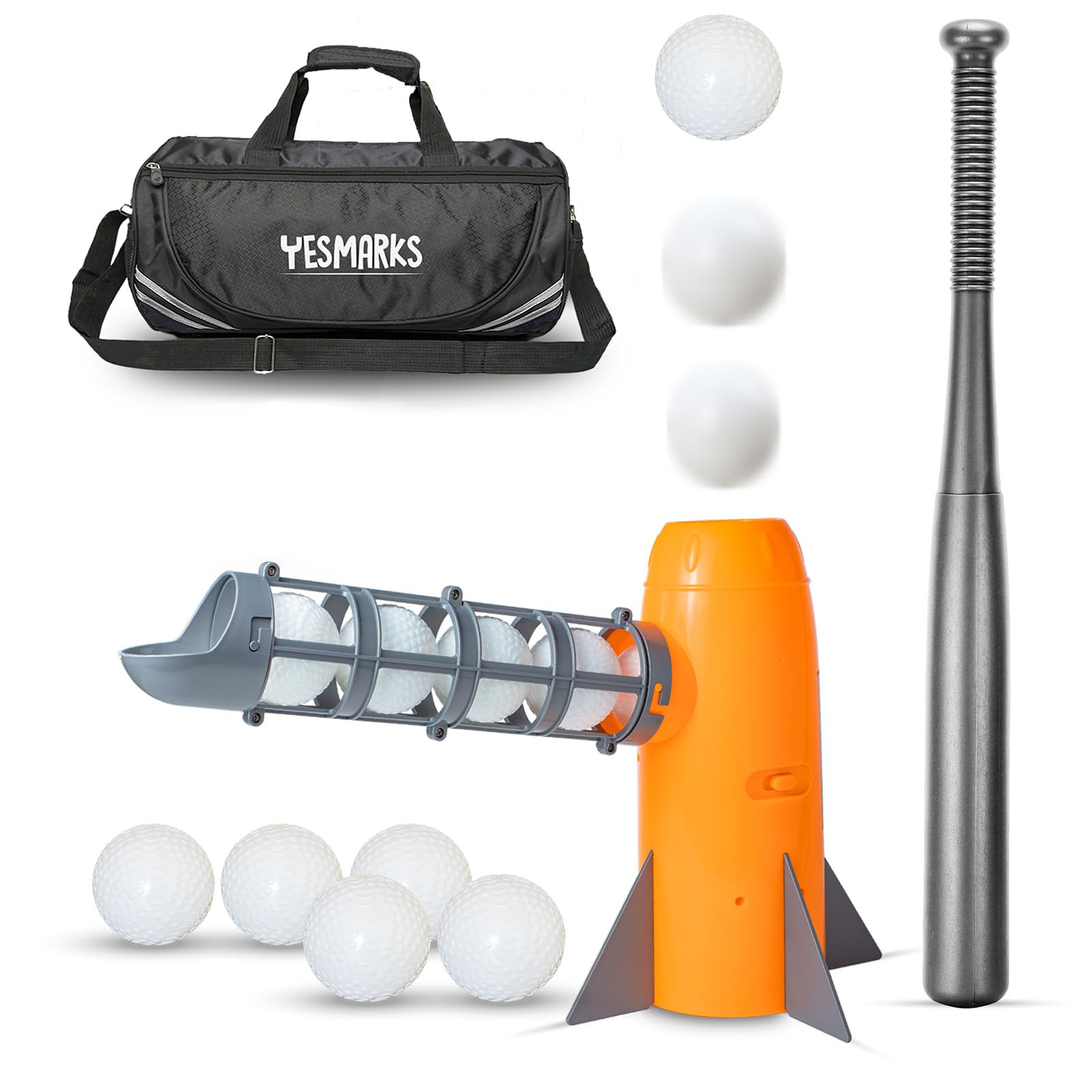 YESMARKS Kids Auto Baseball Pitching Machine Outdoor Toy Set - Training Equipment & Batting Practice Toys for Youth, Includes 10 Baseballs, Baseball Bat and Sports Bag