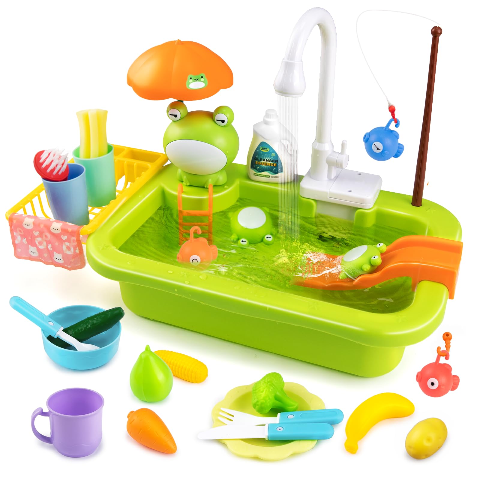 Play Sink with Running Water,Kids Sink Toy with Automatic Water Cycle System,Sink Fishing Game Toy with Food Kitchen Accessories,Kids Role Play Dress Up Dishwasher Toys for Boys and Girls Present