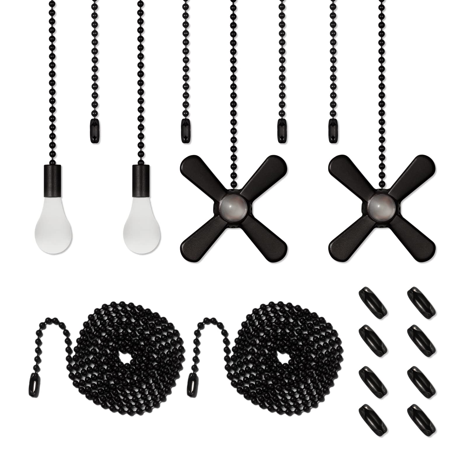 Ceiling Fan Pull Chain Set 4pcs 3mm Diameter Beaded Ball 12 inches Pendant Decorative 2Pcs 36 inches Extension, Extra 8Pcs Pull Loop Connectors(Matte Black)