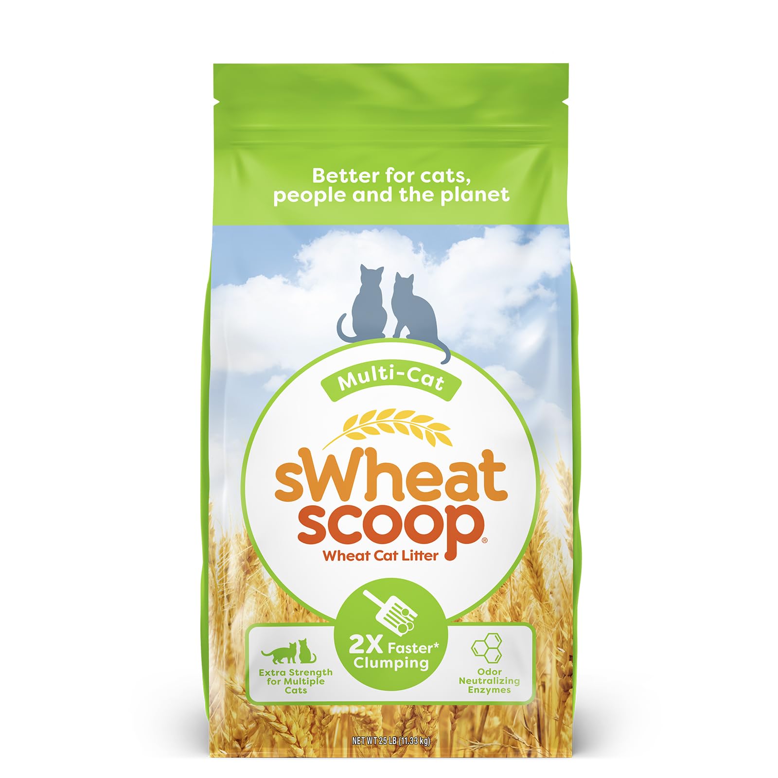 sWheat Scoop Natural Wheat Multi-Cat Litter, Superior Clumping with Odor Neutralizing Enzymes, 25 Pound Bag