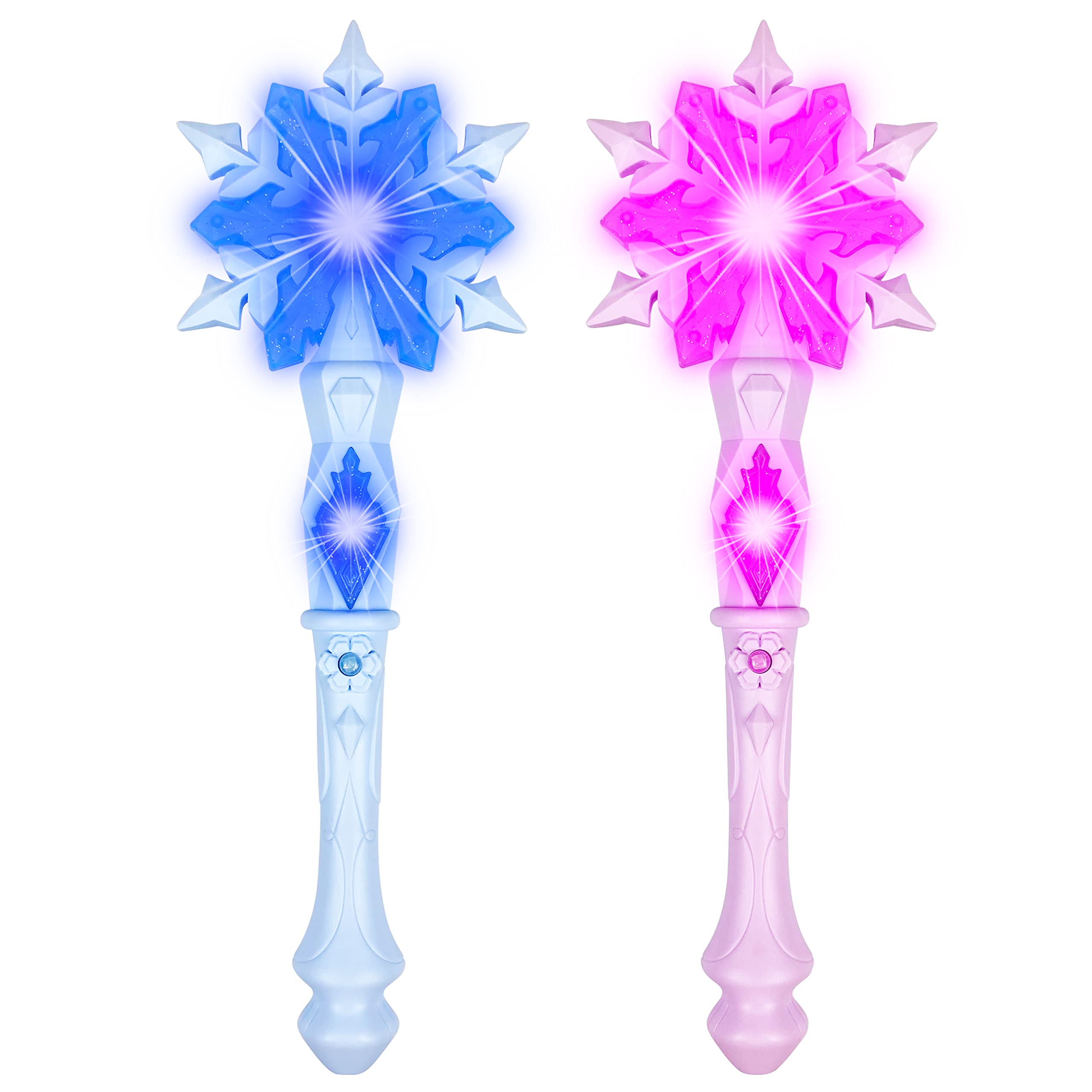 KingGlee Light Up Frozen Snowflake Wand with Sound(Motion Sensitive) Magic Toy for Kids Girls Princess Party Favors Costume Cosplay Accessories 2 Pieces Blue & Pink