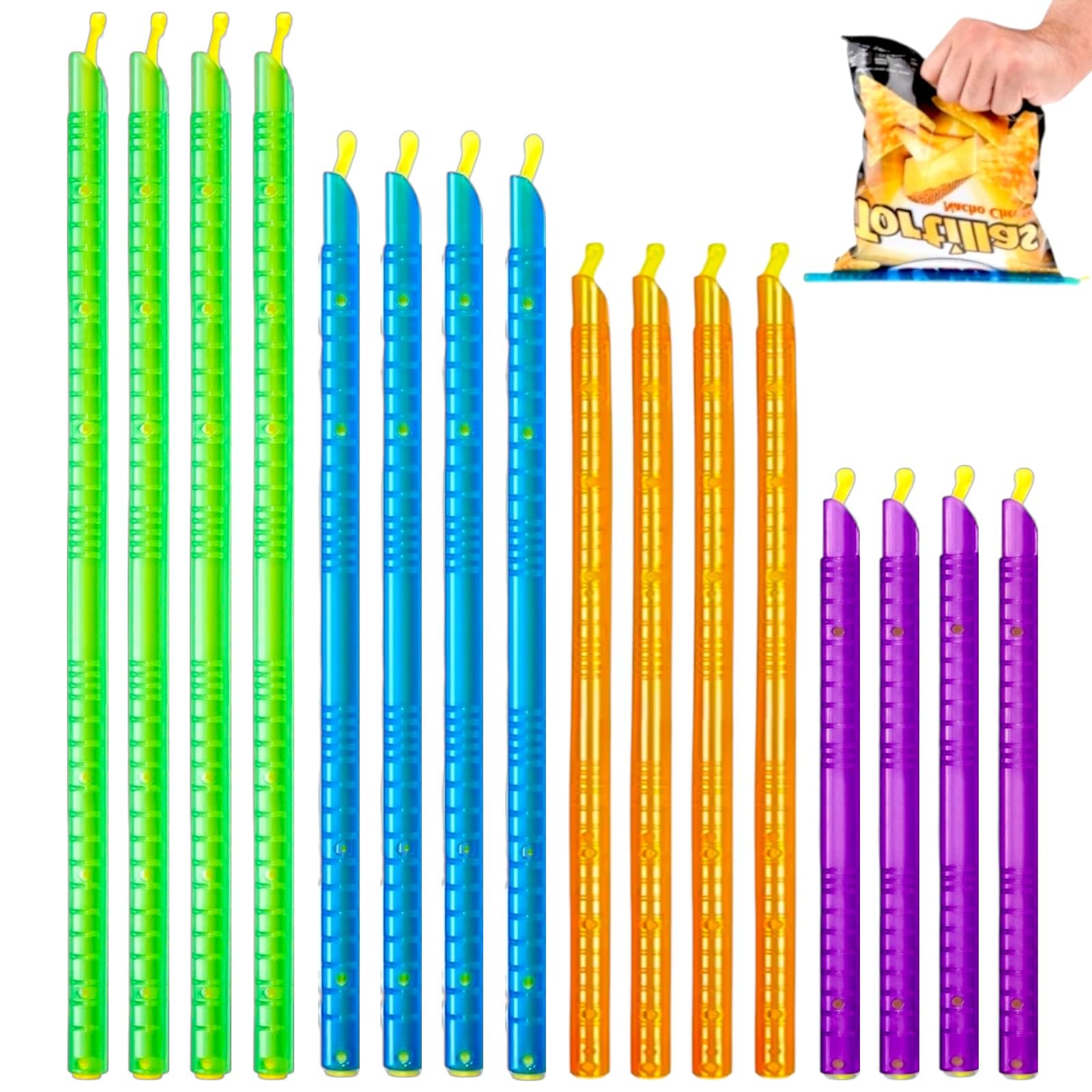16pc - Magic Bag Sealer Sticks, Reusable Plastic Food Storage Clips in 4 Sizes, Multi-Color Airtight Watertight Closures for Snacks, Chips, Pantry Organization