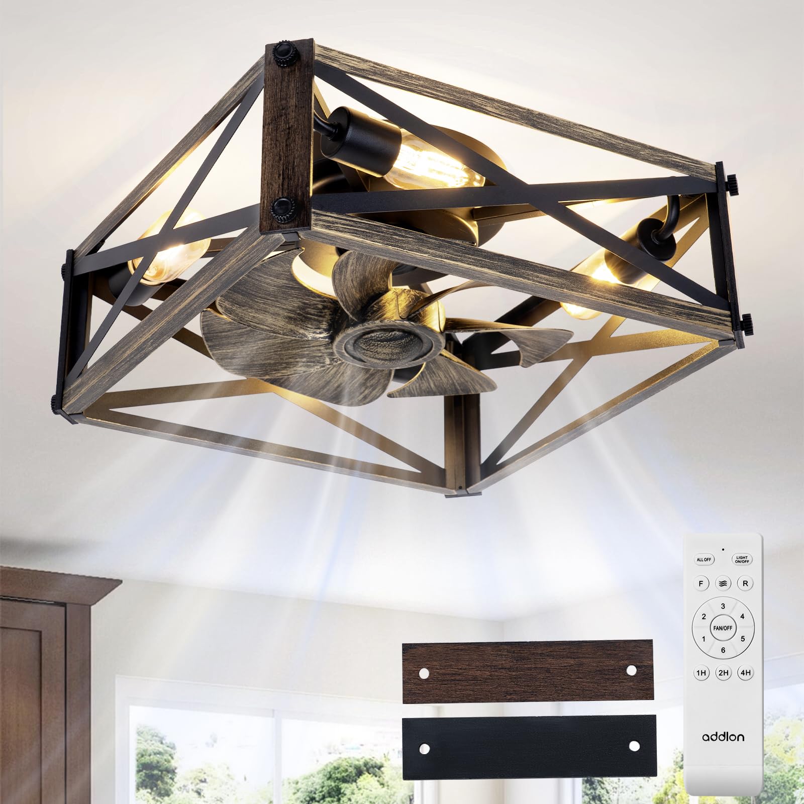 addlon Caged Low Profile Ceiling Fans with Lights and Remote, Small Farmhouse Flush Mount Fandelier, 6 Speeds Reversible Ceiling Fan with Rustic Square Design for Bedroom, Kitchen, Dining Room