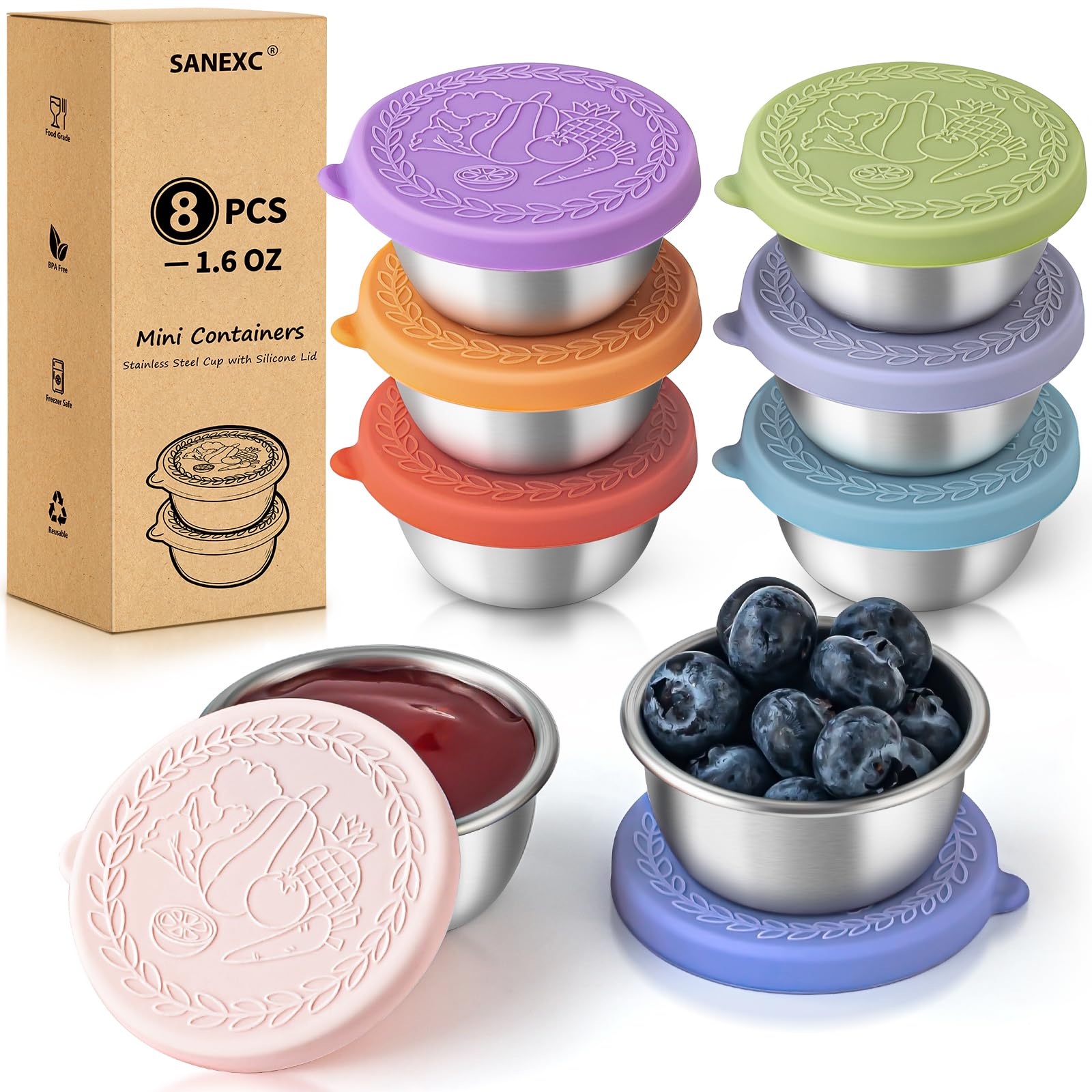 8 Pack - 1.6 Oz Small Salad Dressing Containers To Go, Leakproof Condiment Containers with Lids Reusable Stainless Steel Sauce Cups for Lunch Boxes Kitchen Storage Picnics Travel Meal Prep