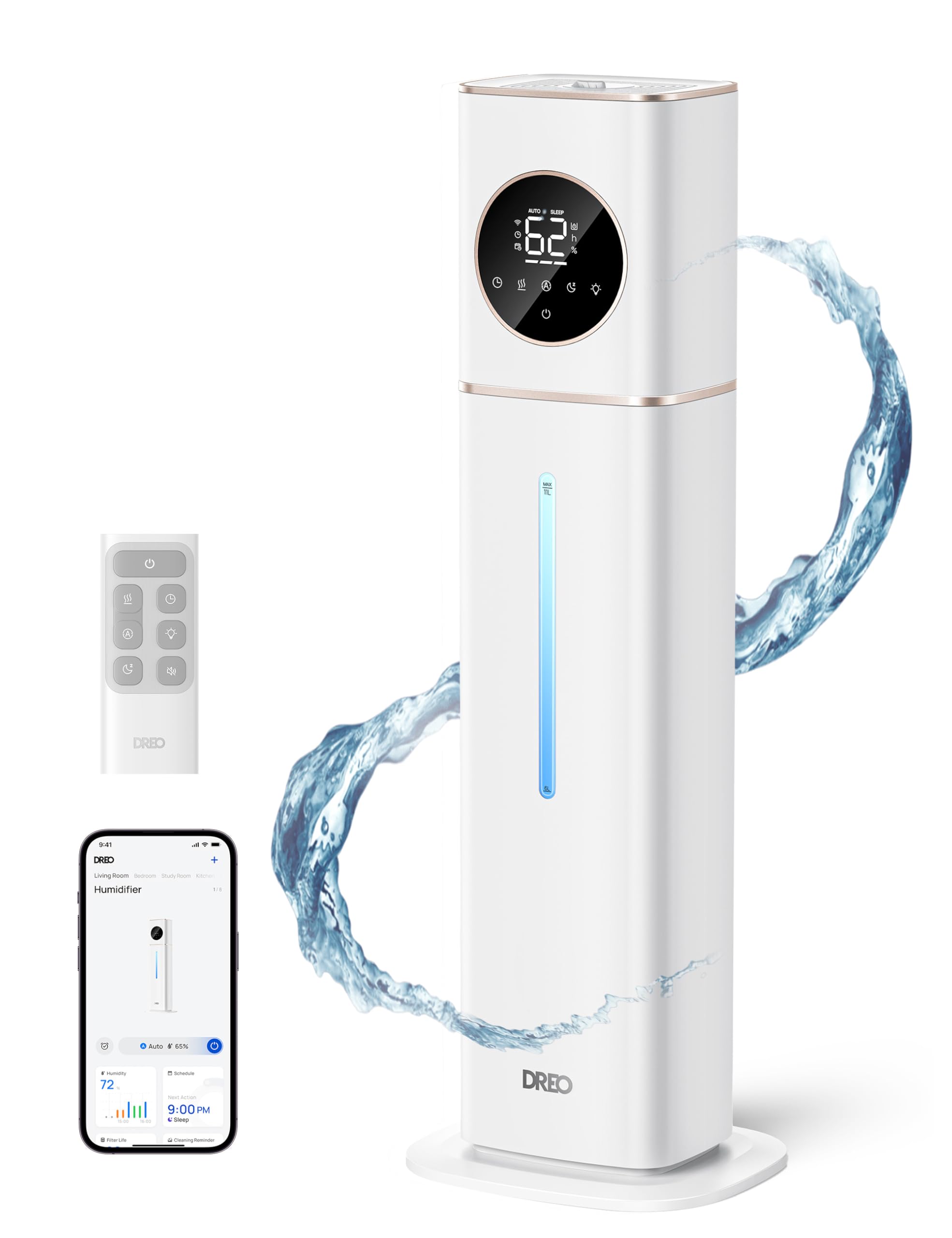 DREO HM735S 11L Smart Humidifier Large Room 700 ft², 100H Cool Mist Air Humidifiers for Bedroom, Top-Fill, Clean Tank Technology, 26dB, Auto Mode, Aroma Box, RGB, Remote & APP Control, Baby, White