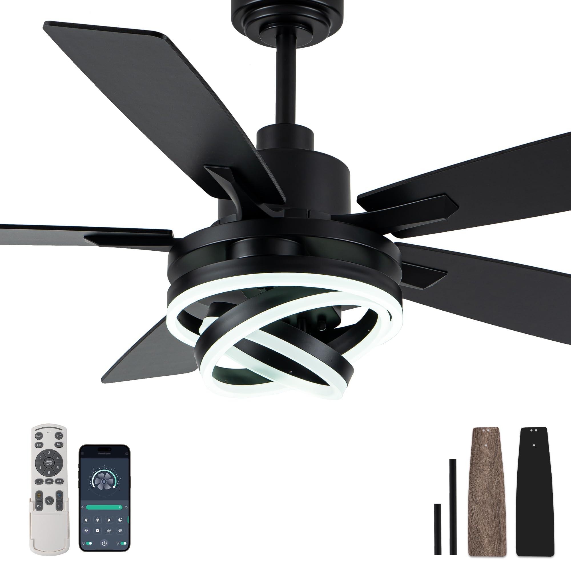 Bella Depot 52" Modern Black Ceiling Fan with Light and Remote, Chandelier Fan Light for Living Room Bedroom Office Indoor Patio