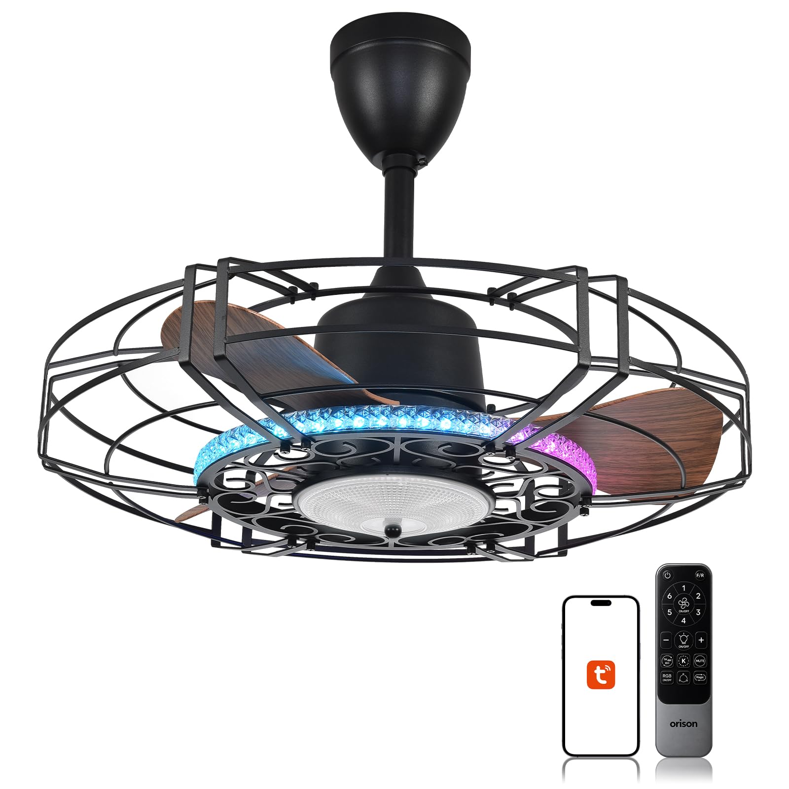 Orison Outdoor Ceiling Fan with RGB Light, 24" Gazebo Fans Outdoor Hanging, Plug in Ceiling Fan for Pergolas Canopy Patio, Waterproof Outdoor Fans with Remote/APP Control, 3CCT Dimmable, Wet Rated