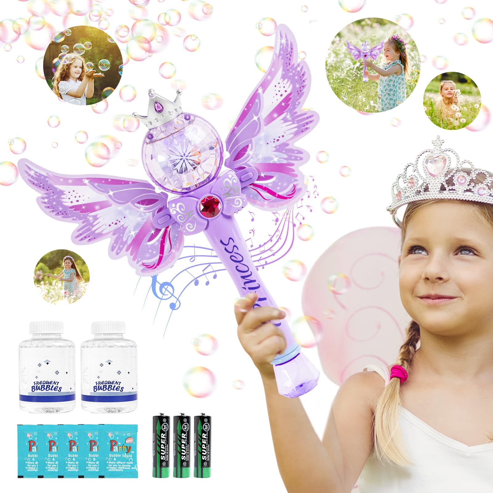 Princess Bubble Wands for Kids Girls,Music & Light Up Bubble Machine,Bubble Blower,Outdoor Party Birthday Bubble Toys for Toddlers,Gift for Girls Age 3 4 5 6 7 8 Years Old.(Purple)