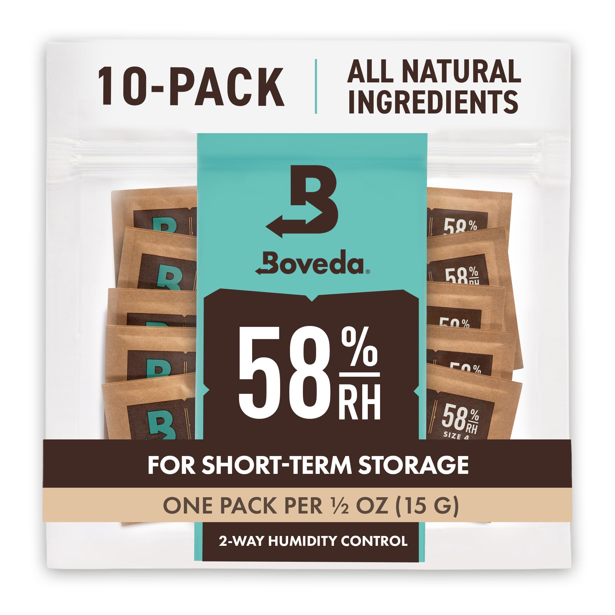 Boveda 58% Two-Way Humidity Control Packs For Storing ½ oz of Product – Size 4 – 10 Pack – Moisture Absorbers for Small Storage Containers – Humidifier Packs – Hydration Packets in Resealable Bag