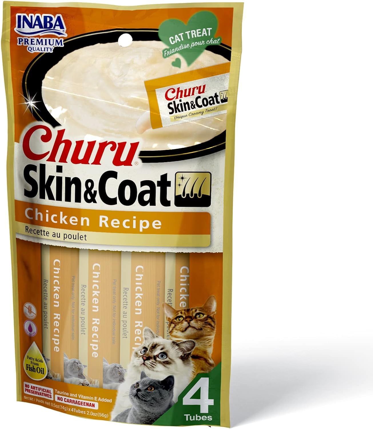 INABA Churu Lickable Purée Natural Cat Treats for Skin and Coat with Omega Oils, Taurine and Vitamin E, 0.5 Ounces Each - Chicken Recipe (4 Tubes)